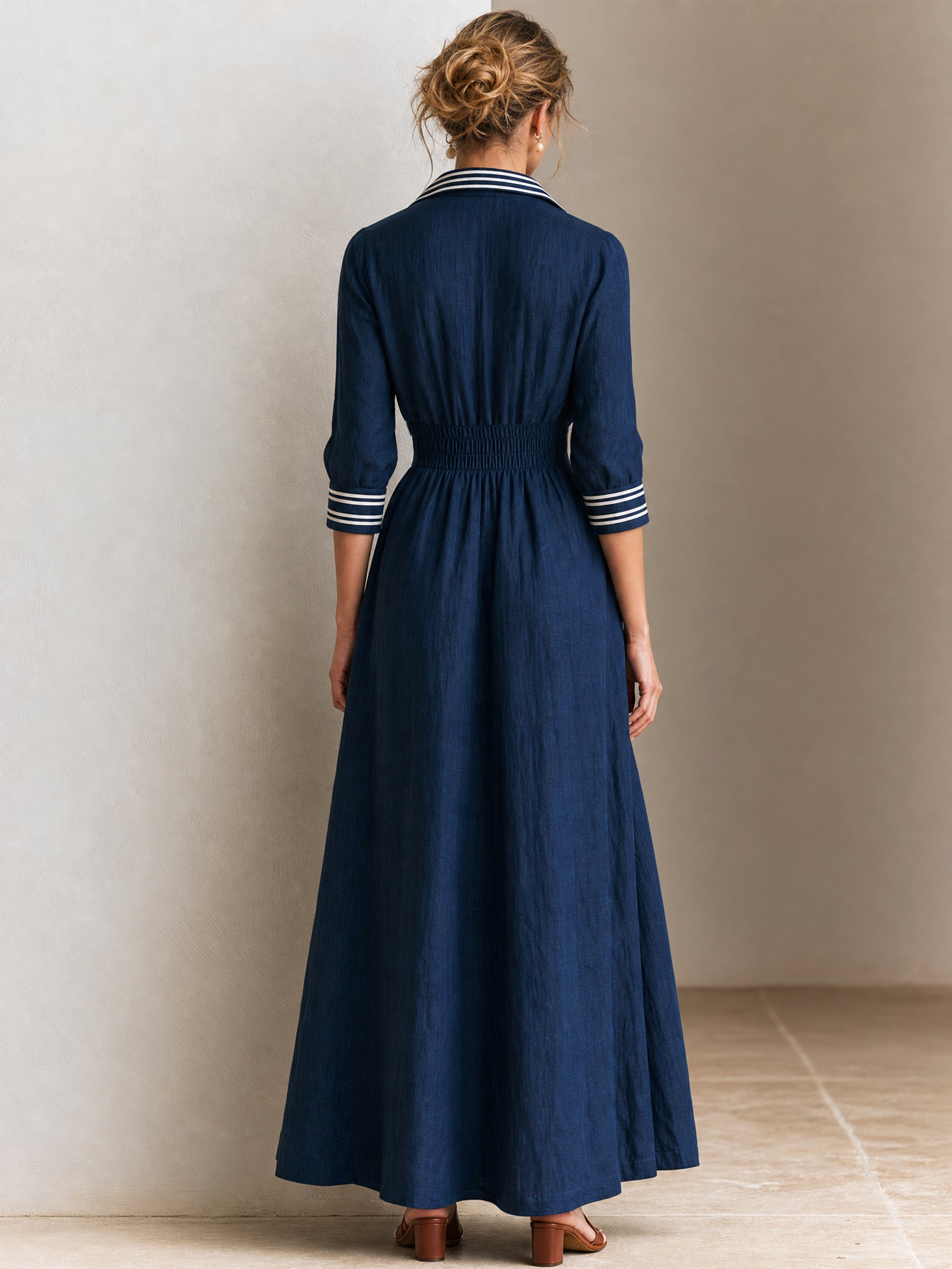 Linen Navy 3/4 Sleeves Contrast Stripe Linen Maxi Shirt Dress