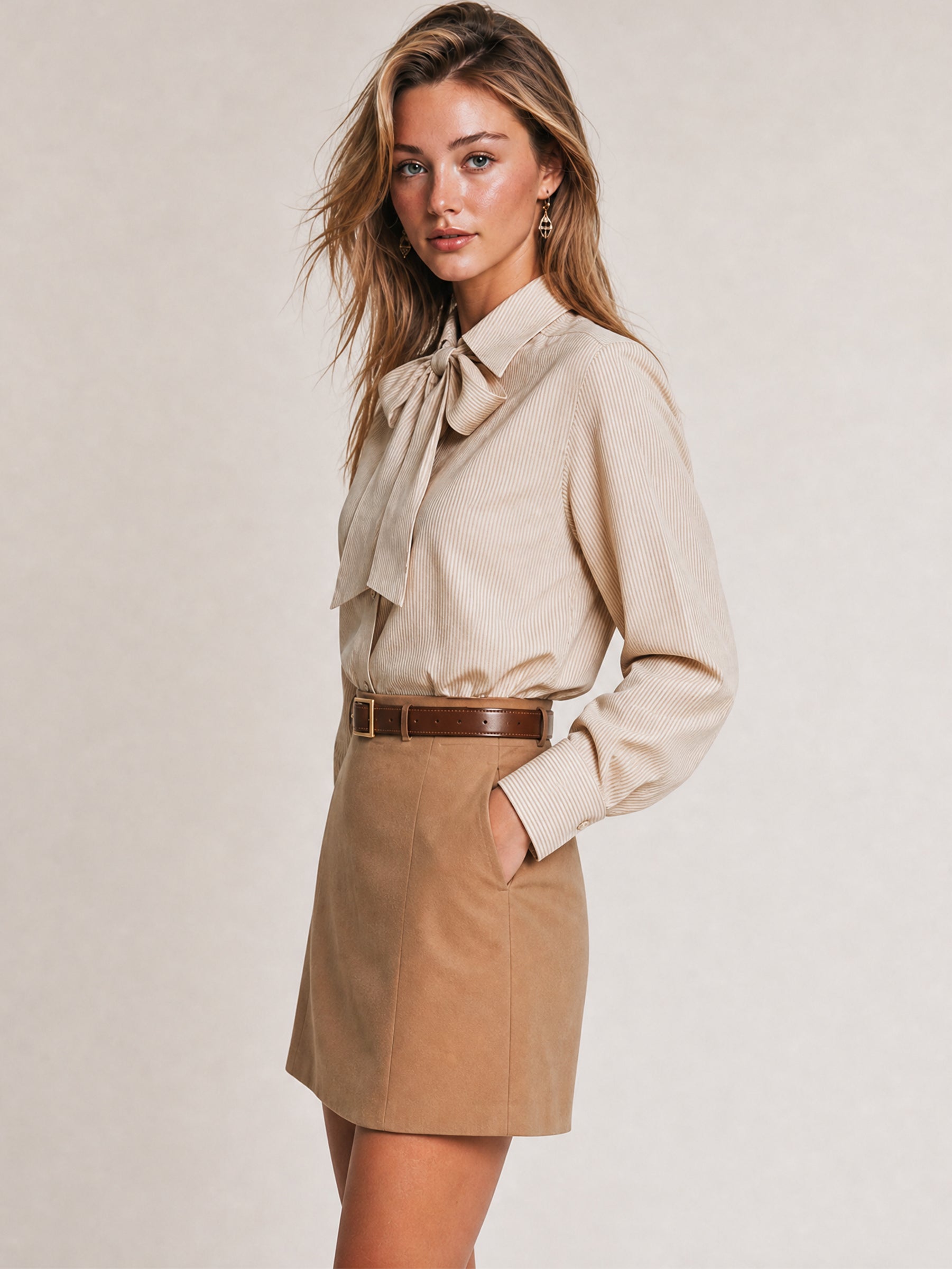 Beige Pinstripe Tie Neck Long Sleeve Blouse Shirt