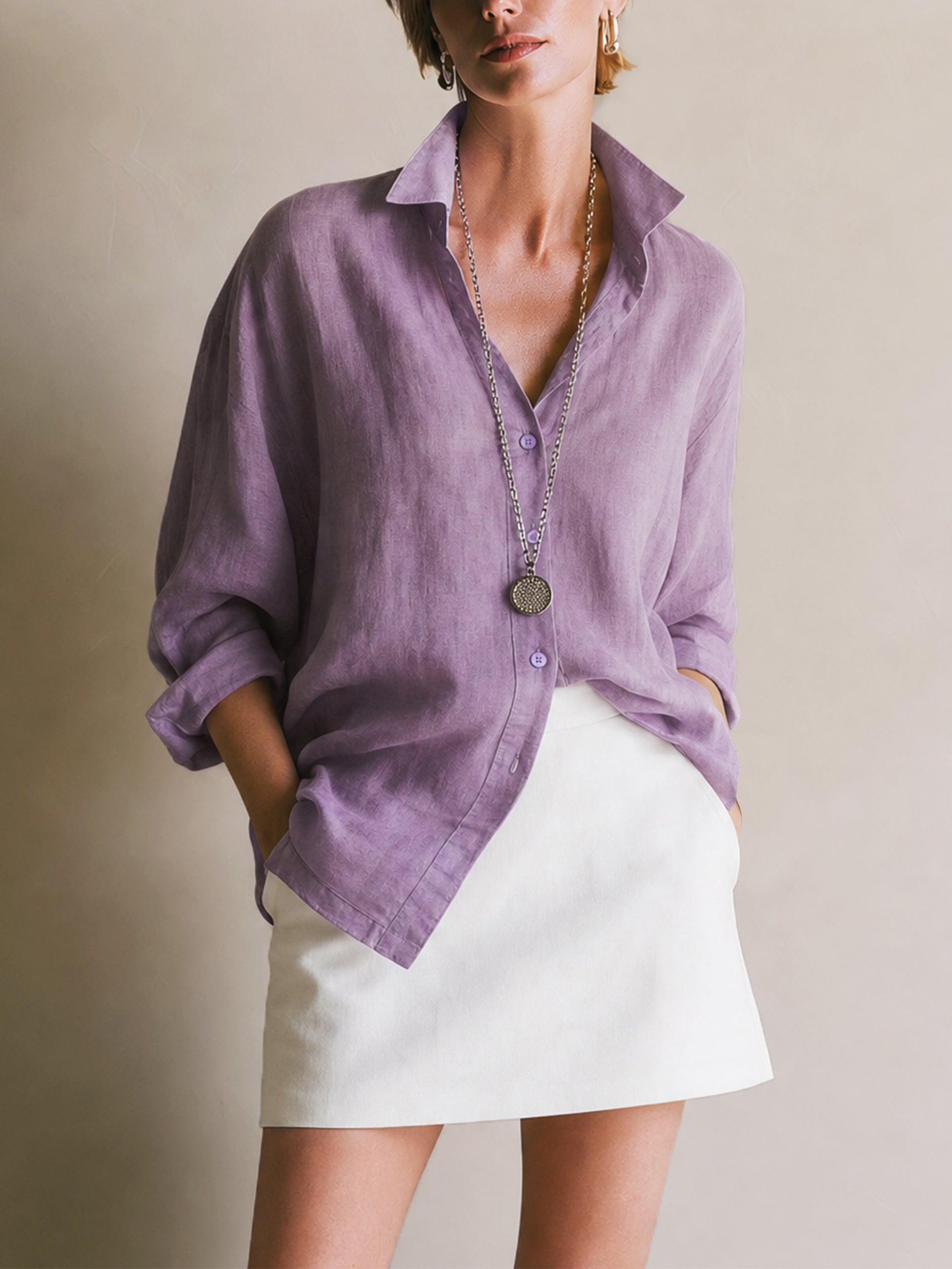 Elegant Linen Long Sleeves Oversized Back Split Blouse