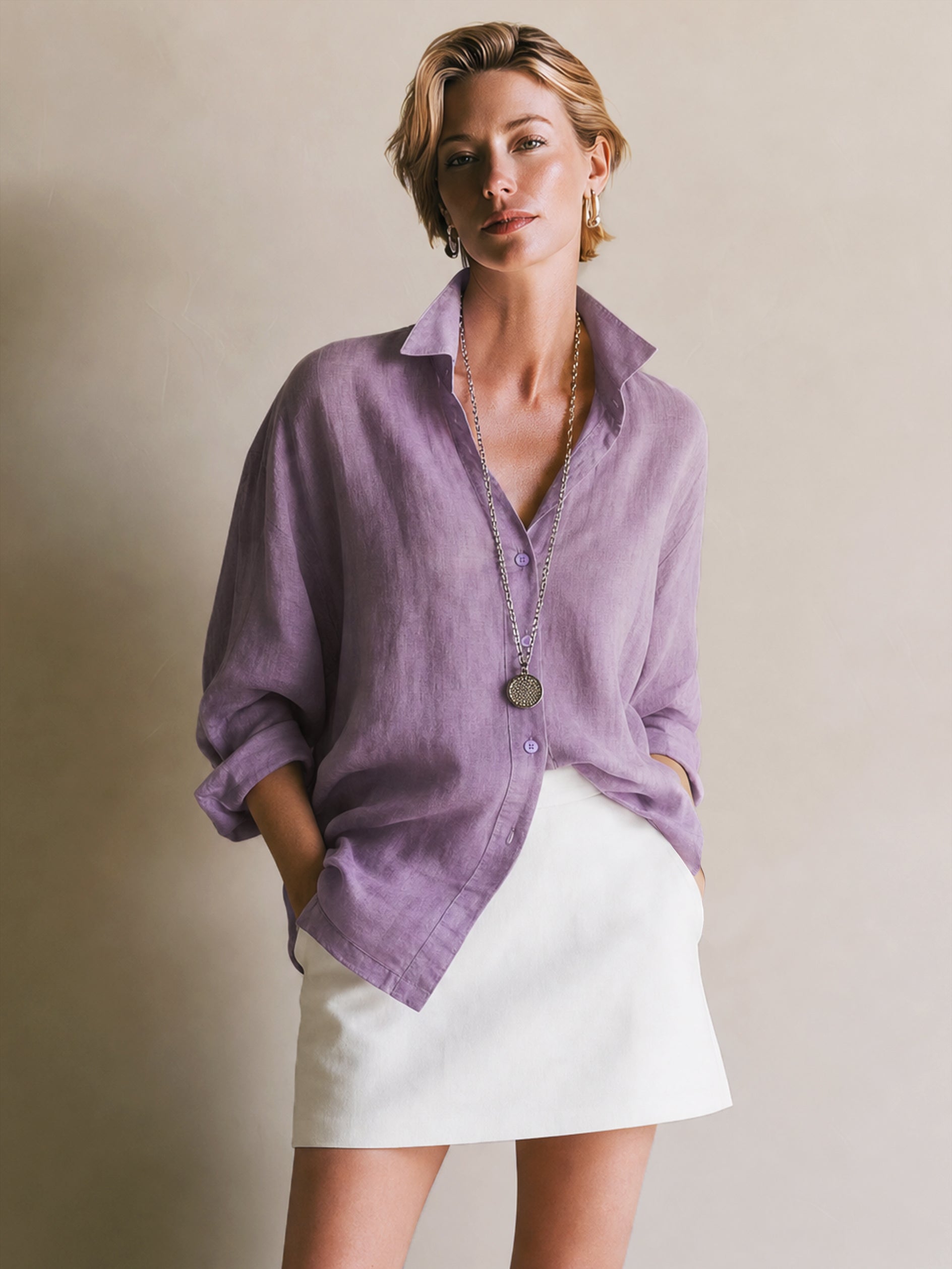 Elegant Linen Long Sleeves Oversized Back Split Blouse