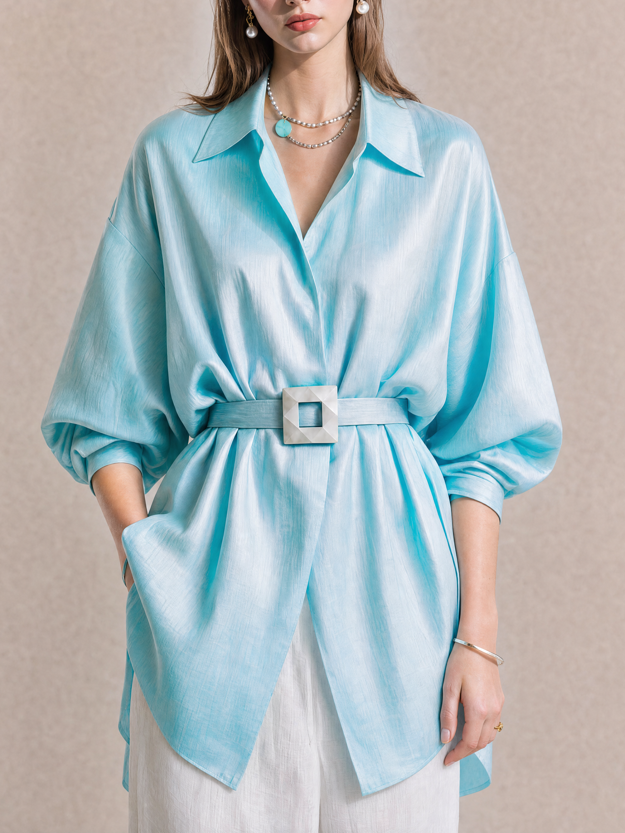 Elegant Aqua Acetate Oversized Shirt
