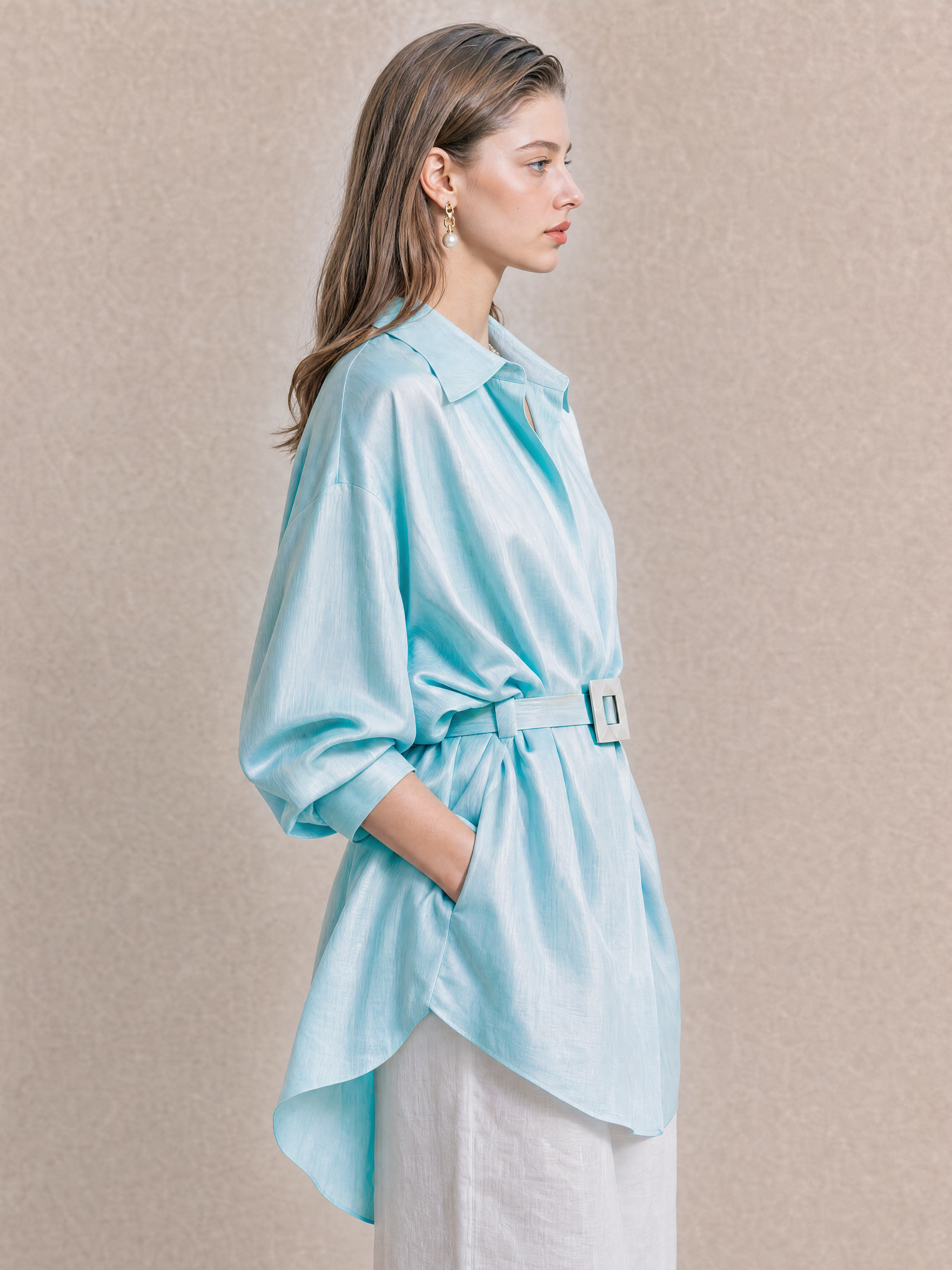 Elegant Aqua Acetate Oversized Shirt
