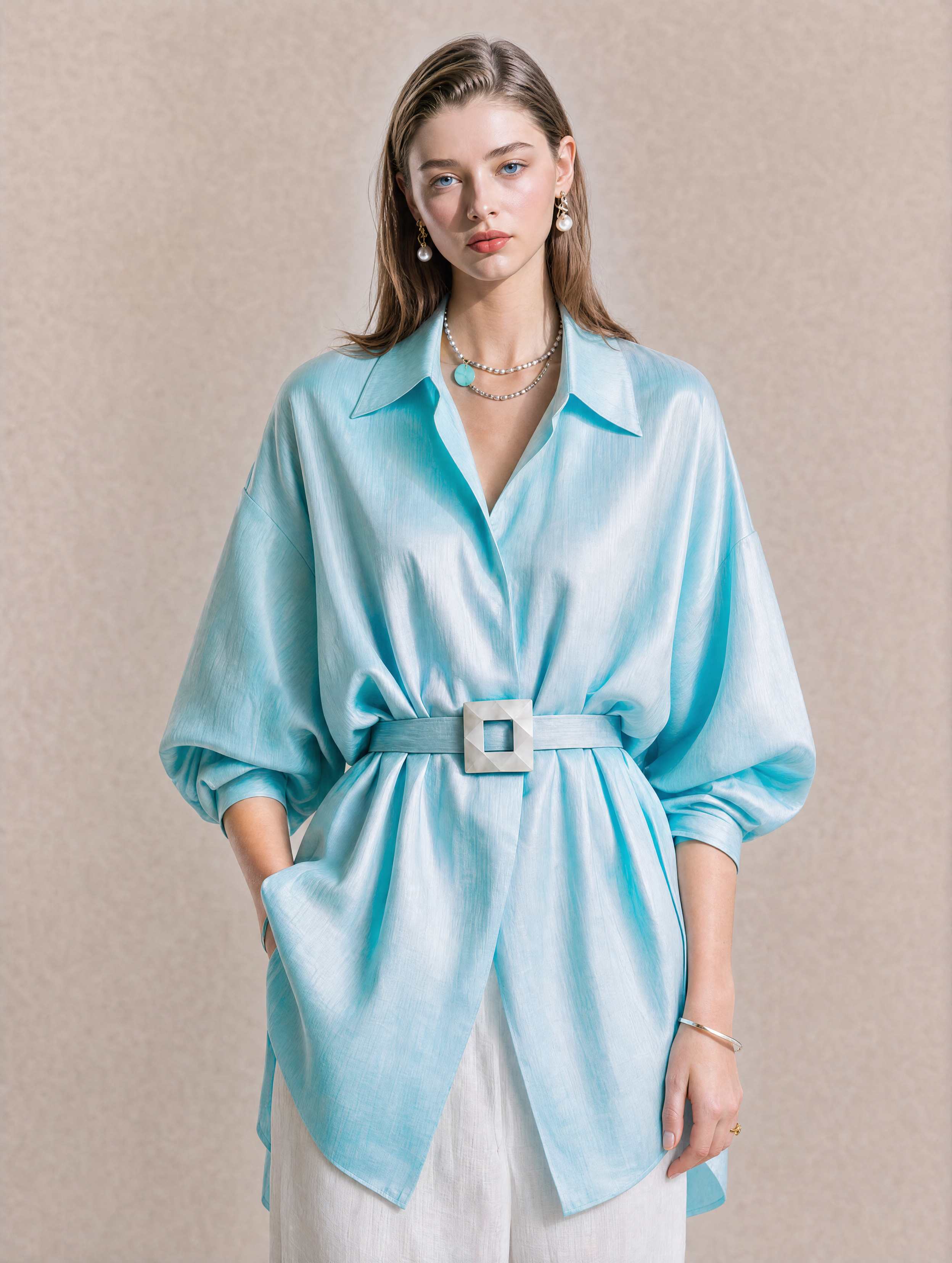 Elegant Aqua Acetate Oversized Shirt