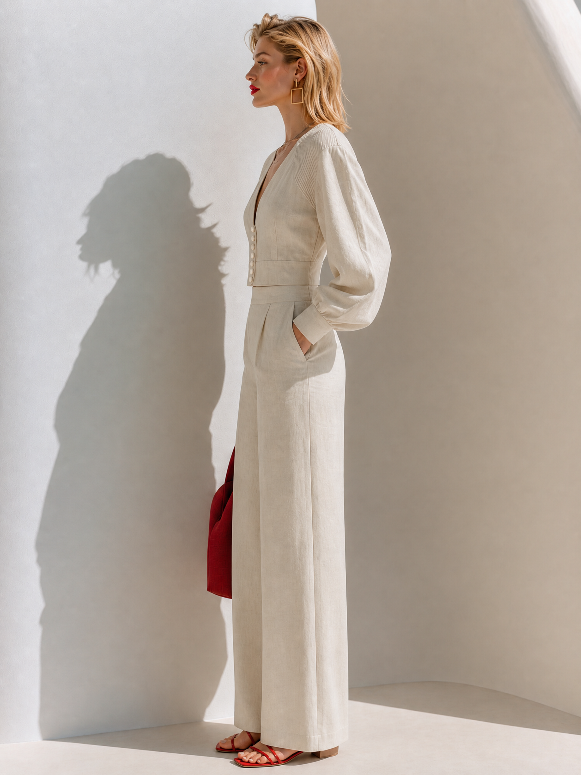 Off-white Tencel-linen Two-piece Set Featuring A Deep-V, Button-front Lantern-sleeve Top And Wide-leg Trousers.
