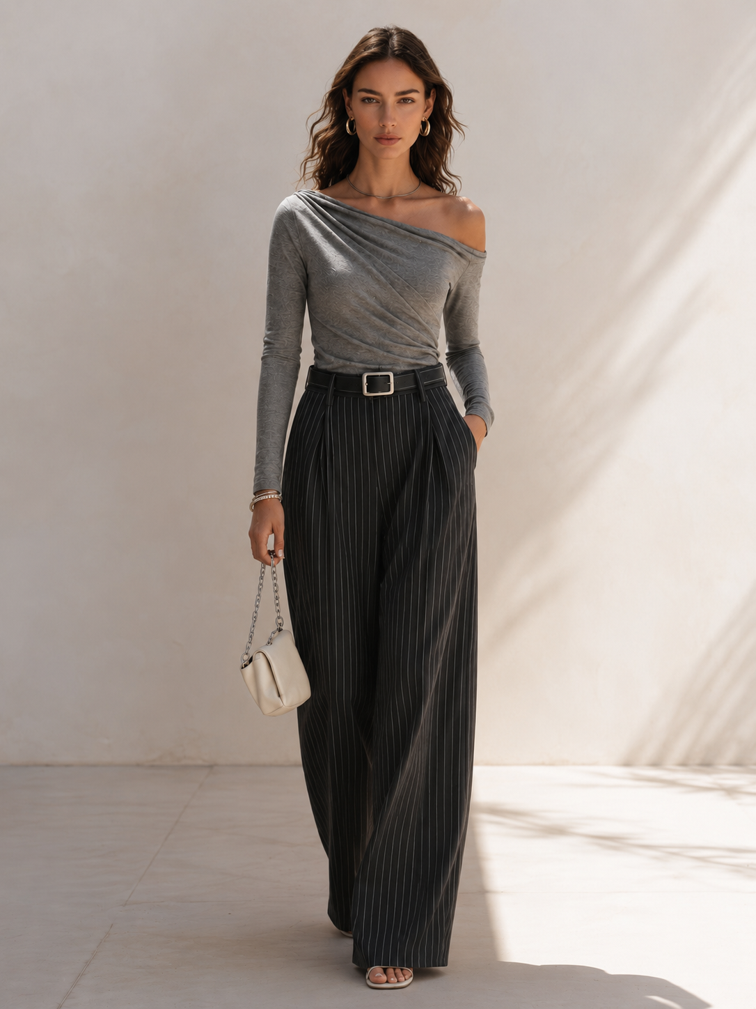 Grey Top And Striped Suit Trousers Set