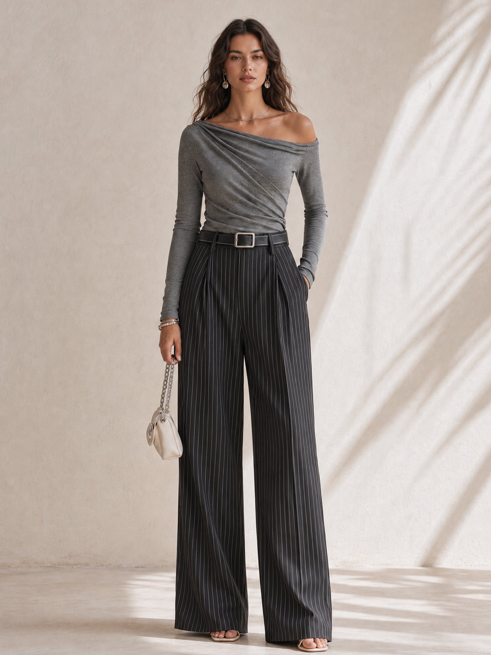 Grey Top And Striped Suit Trousers Set