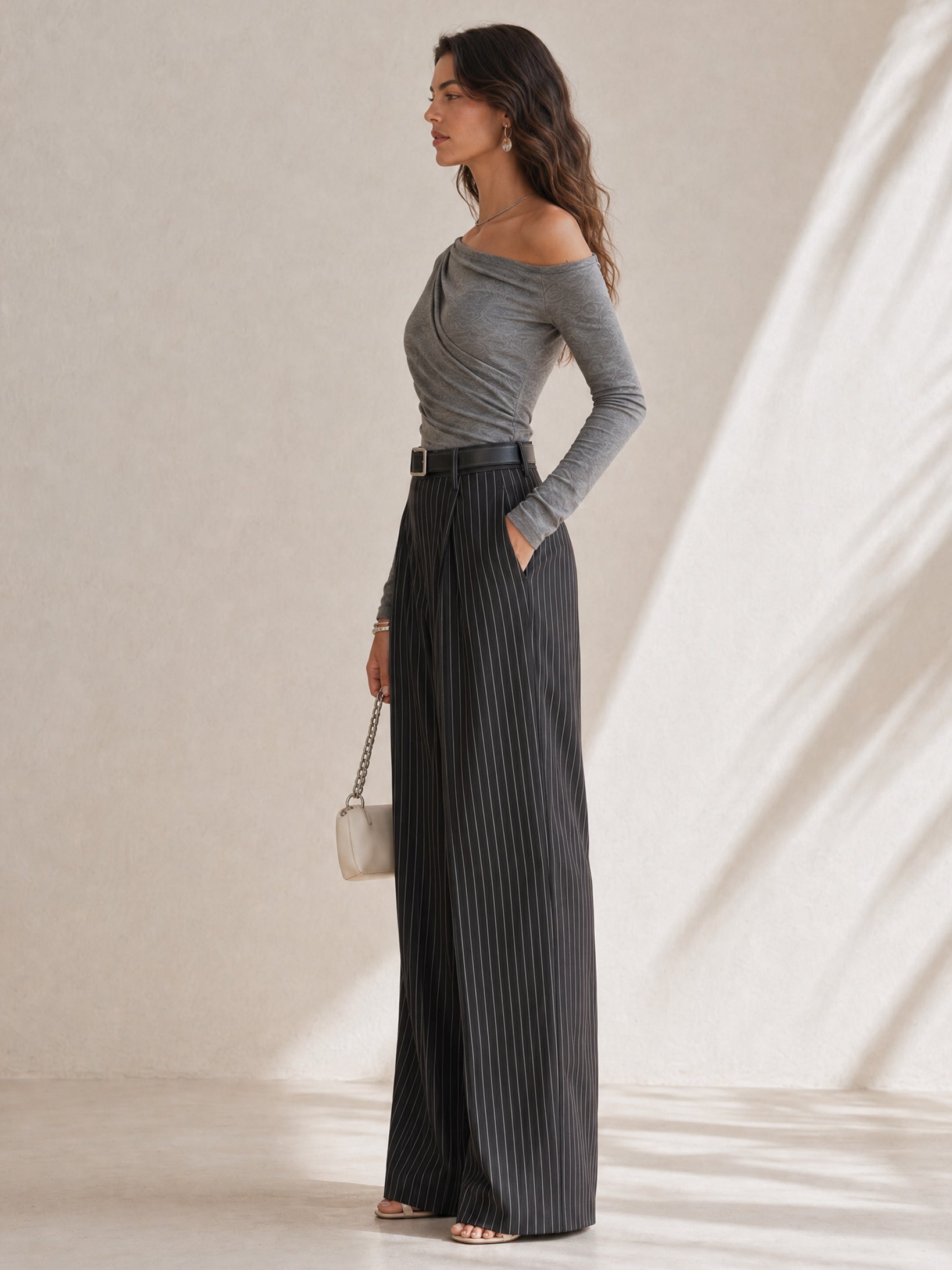 Grey Top And Striped Suit Trousers Set