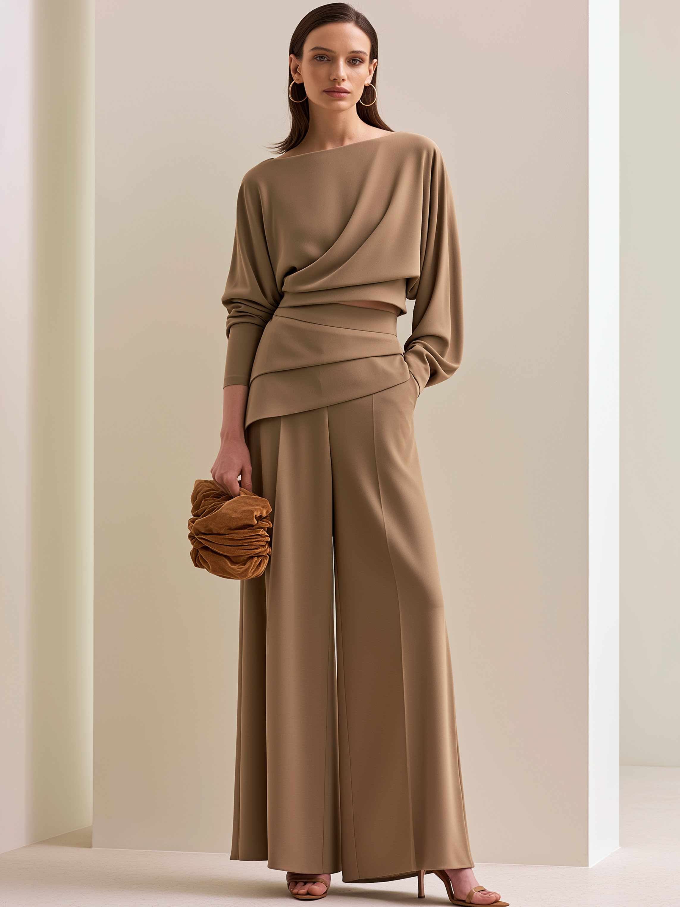 Camel Off-Shoulder Ruched Crop Top & High Waist Draped Wide Leg Two-Piece Set