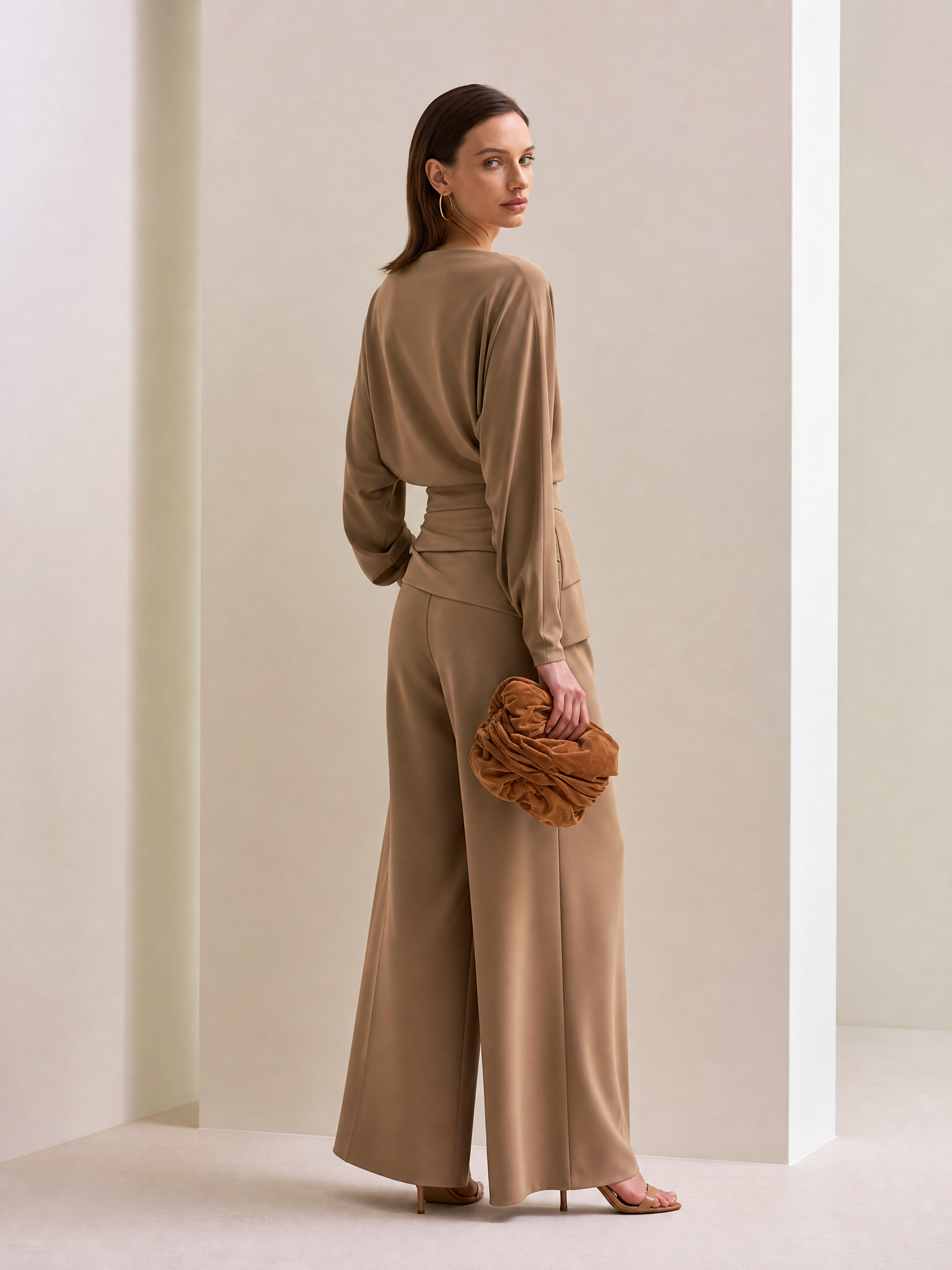 Camel Off-Shoulder Ruched Crop Top & High Waist Draped Wide Leg Two-Piece Set