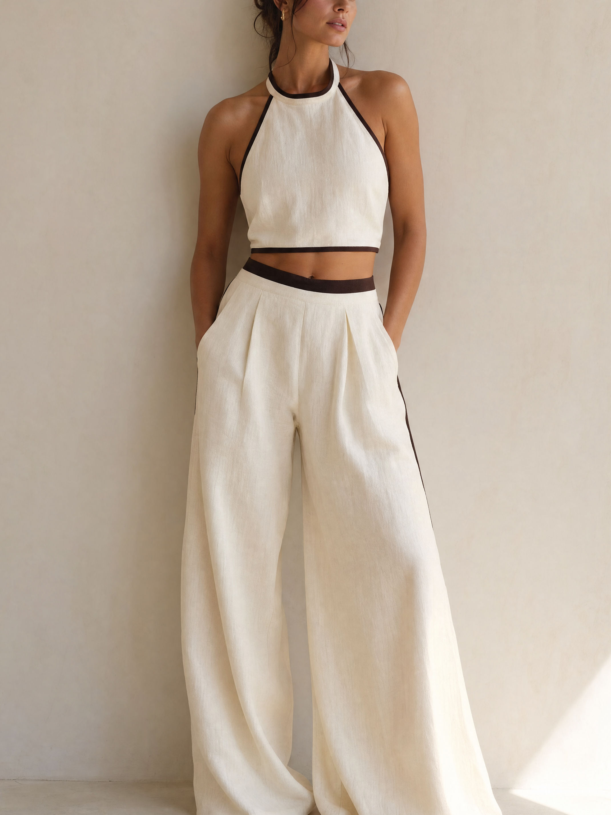 Ivory Halter Vest Flowy Linen Wide Leg Set