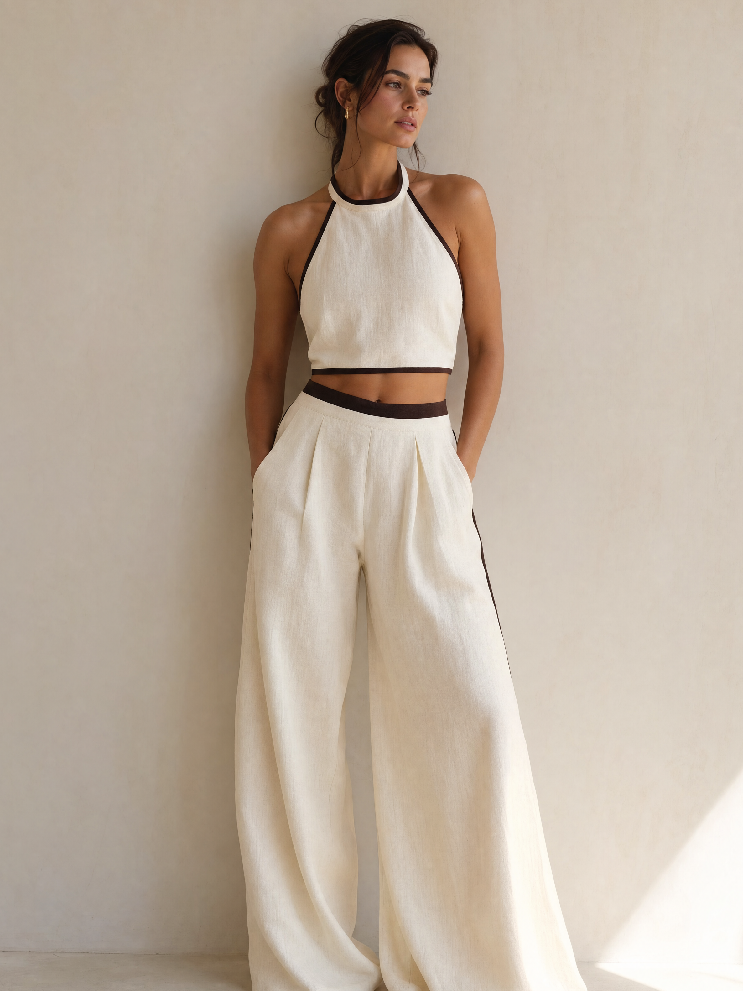 Ivory Halter Vest Flowy Linen Wide Leg Set