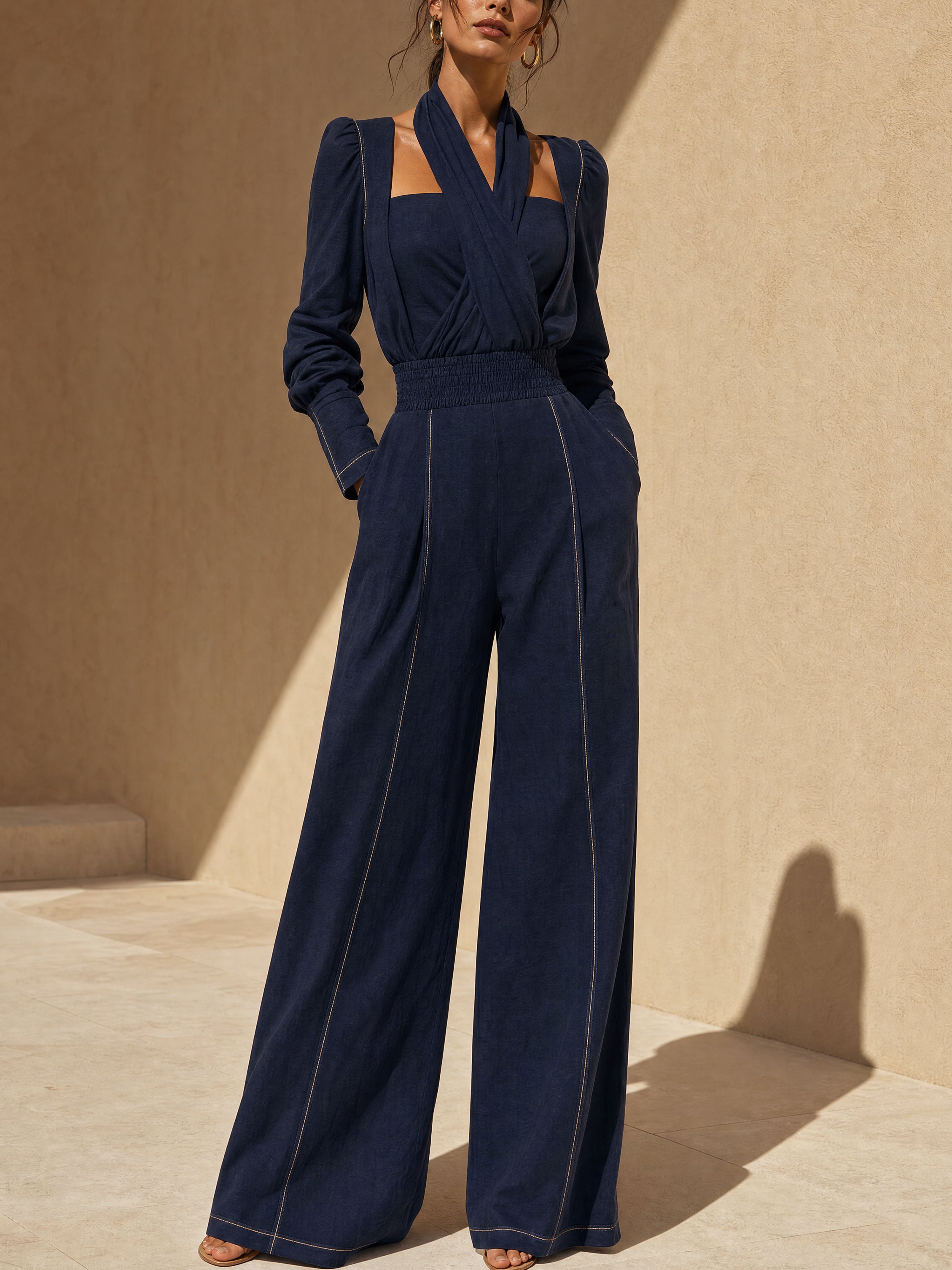 Navy Blue Long-sleeved Halter-neck Linen Set