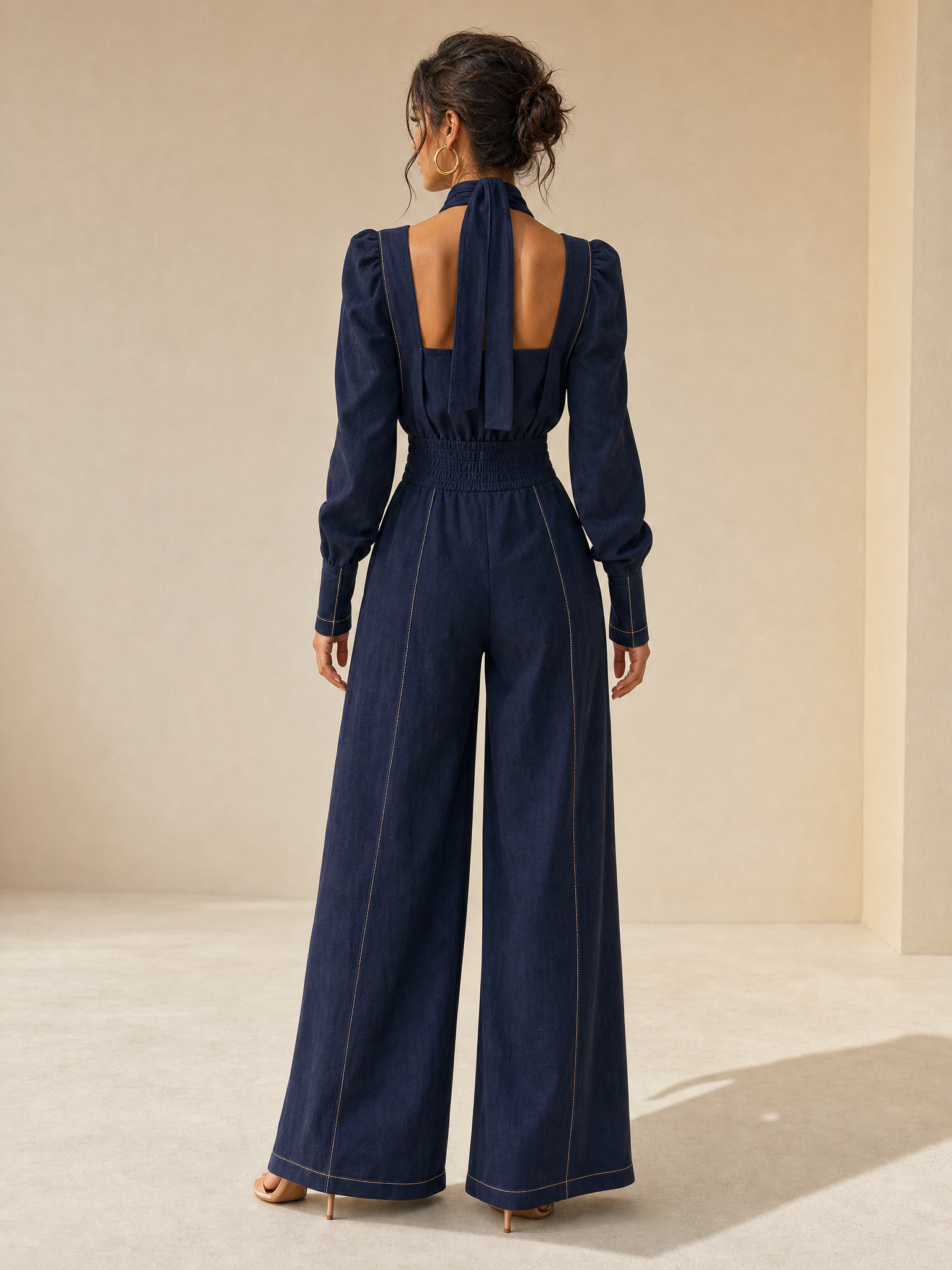 Navy Blue Long-sleeved Halter-neck Linen Set