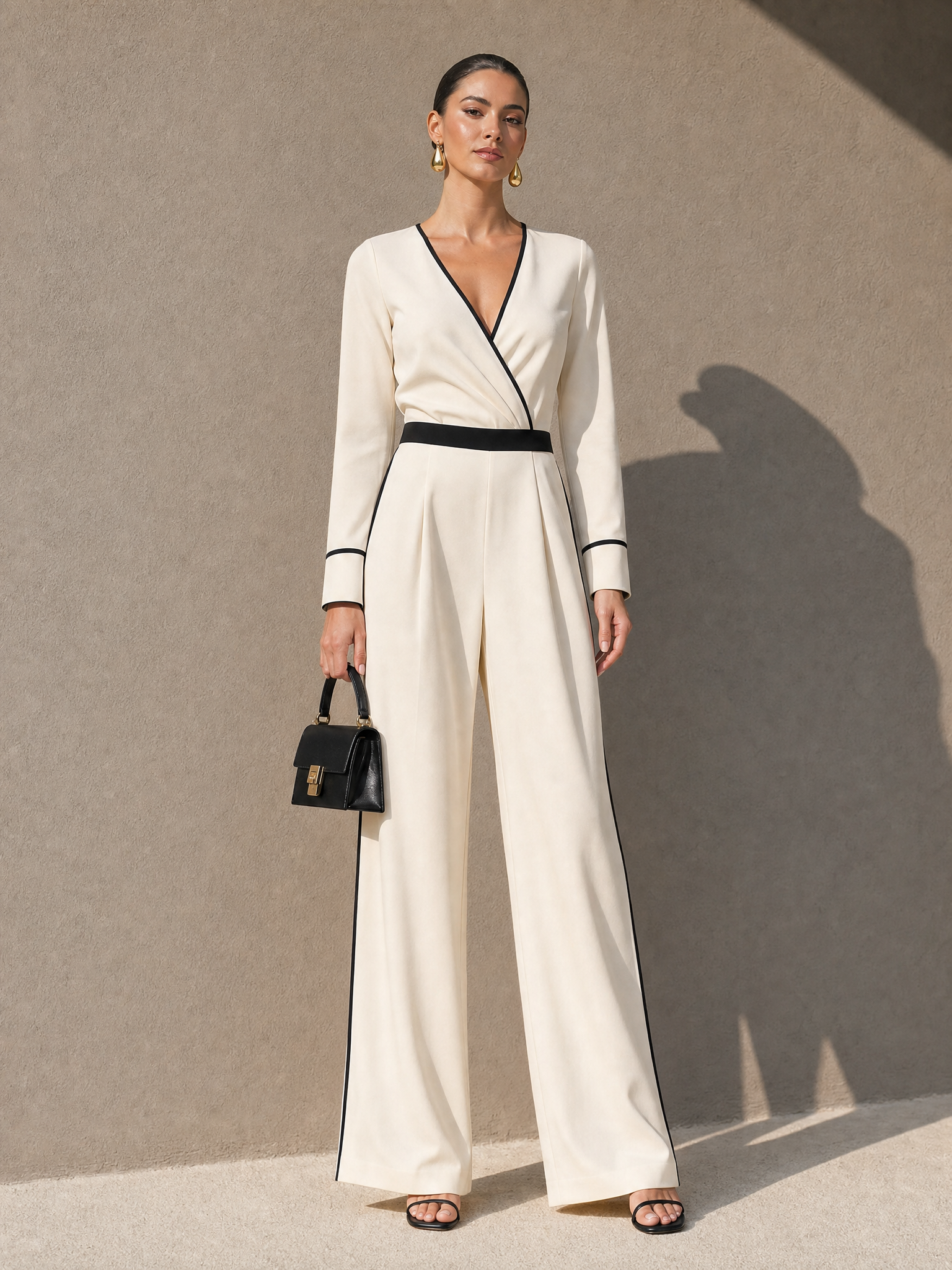 White Linen Set With V-neck And Piped Trim