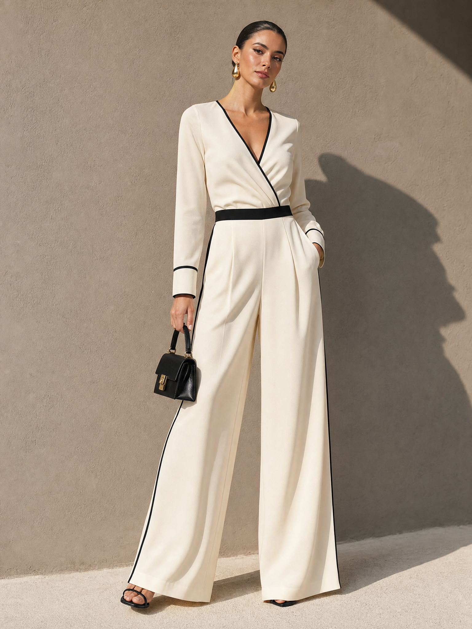 White Linen Set With V-neck And Piped Trim