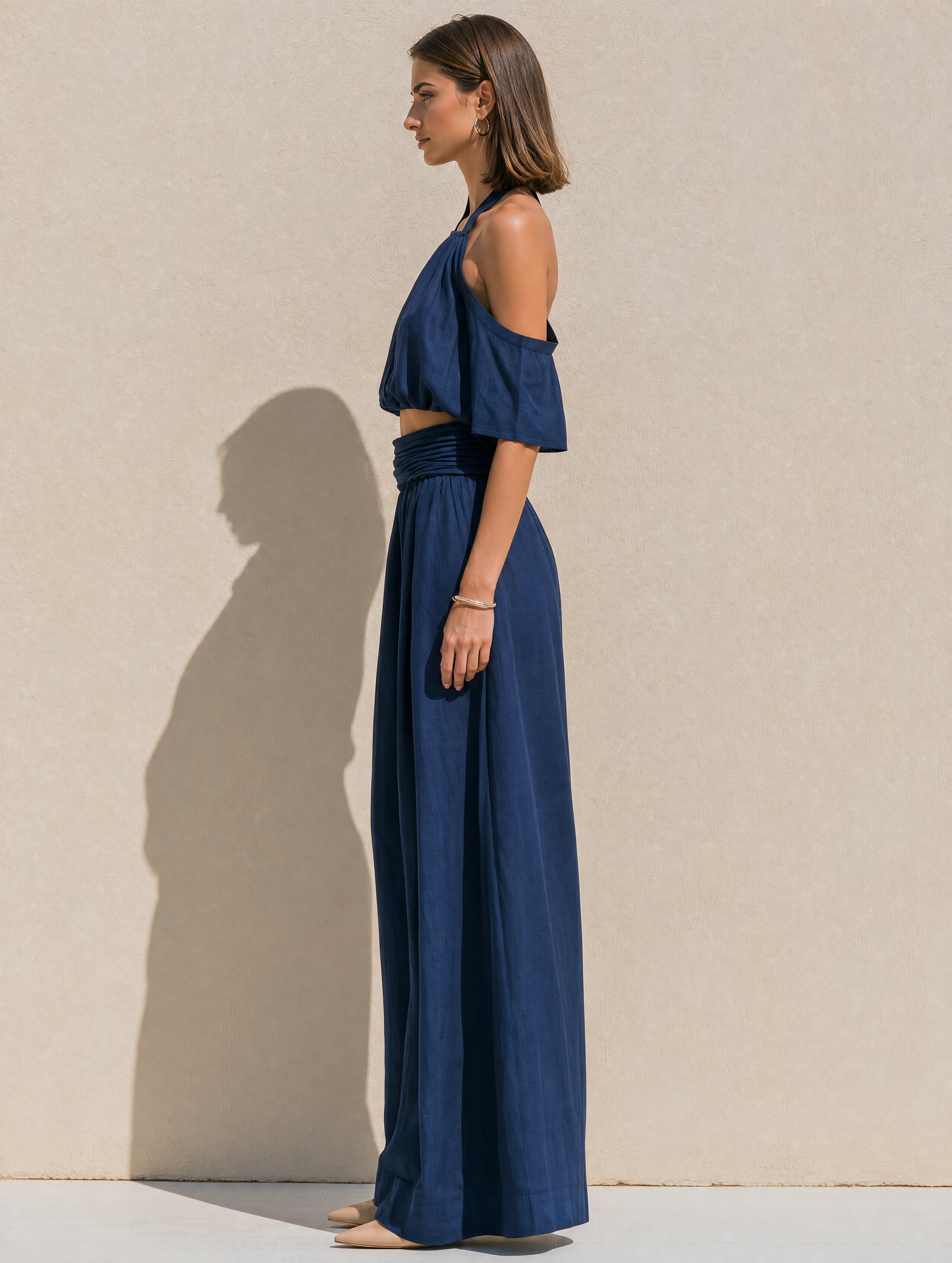 Navy Linen Short-sleeve Top And Wide-leg Trousers Set