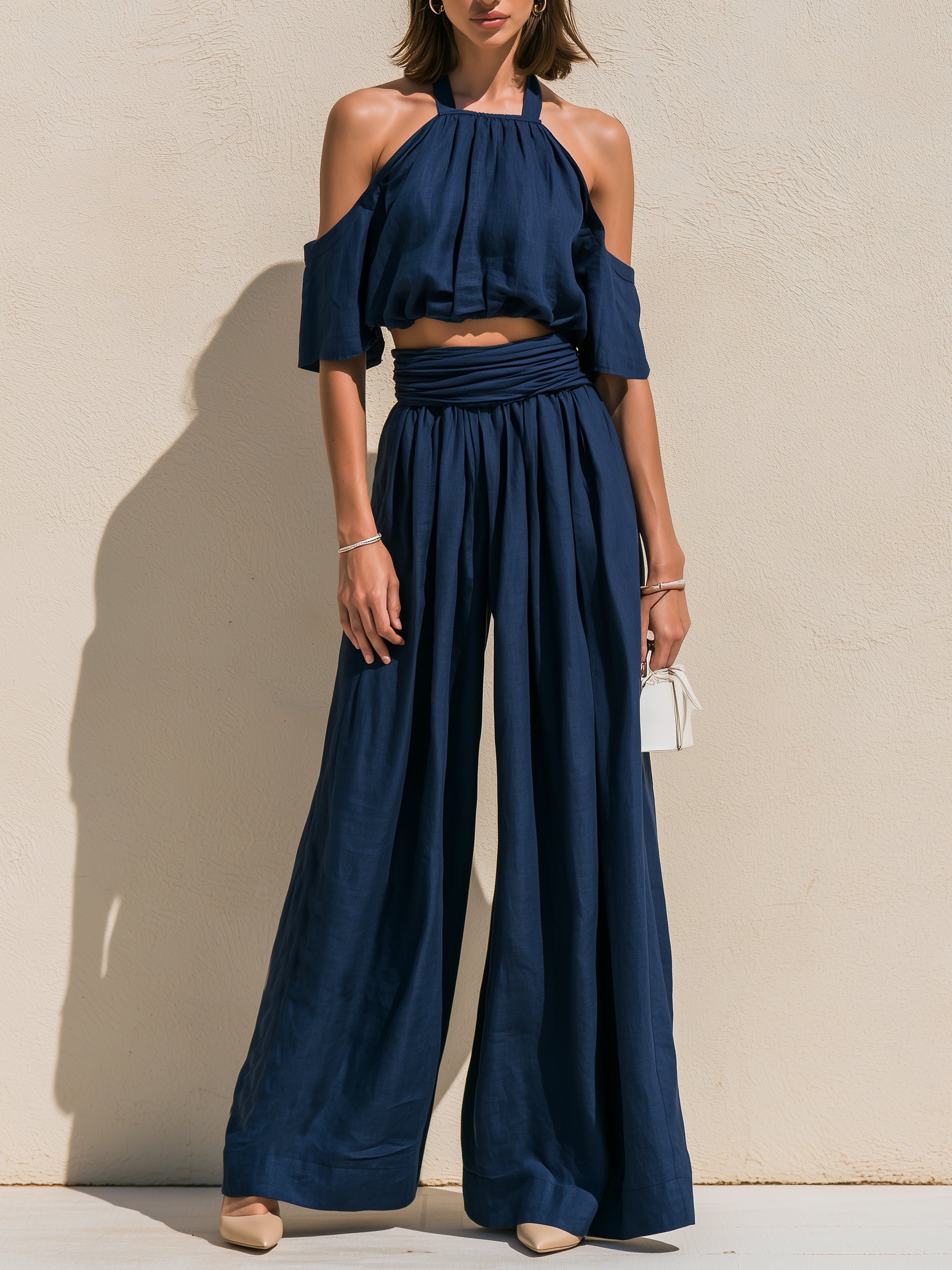 Navy Linen Short-sleeve Top And Wide-leg Trousers Set