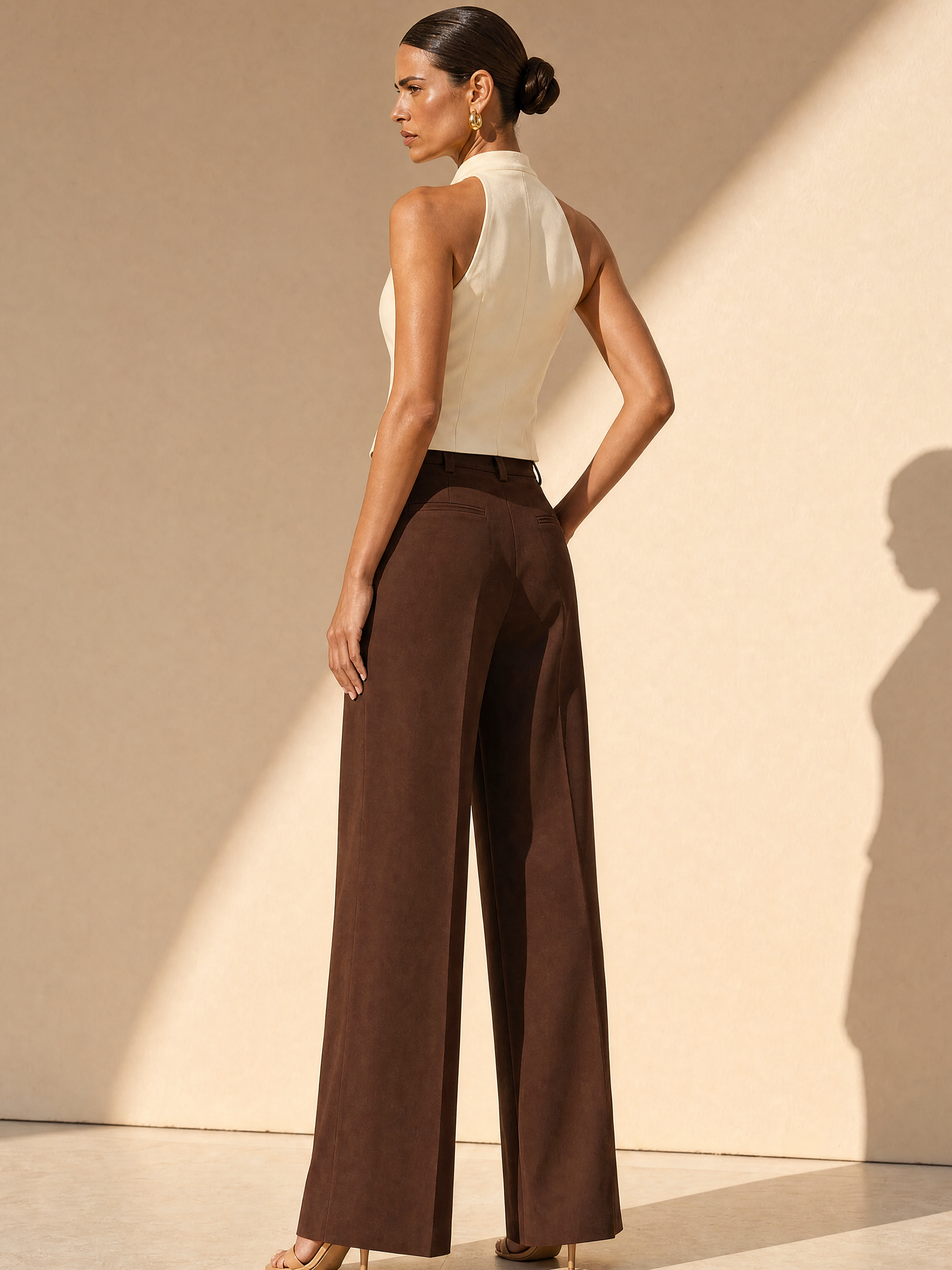 Off-White Sleeveless Cropped Halter Vest Draped Dark Brown Pant Set
