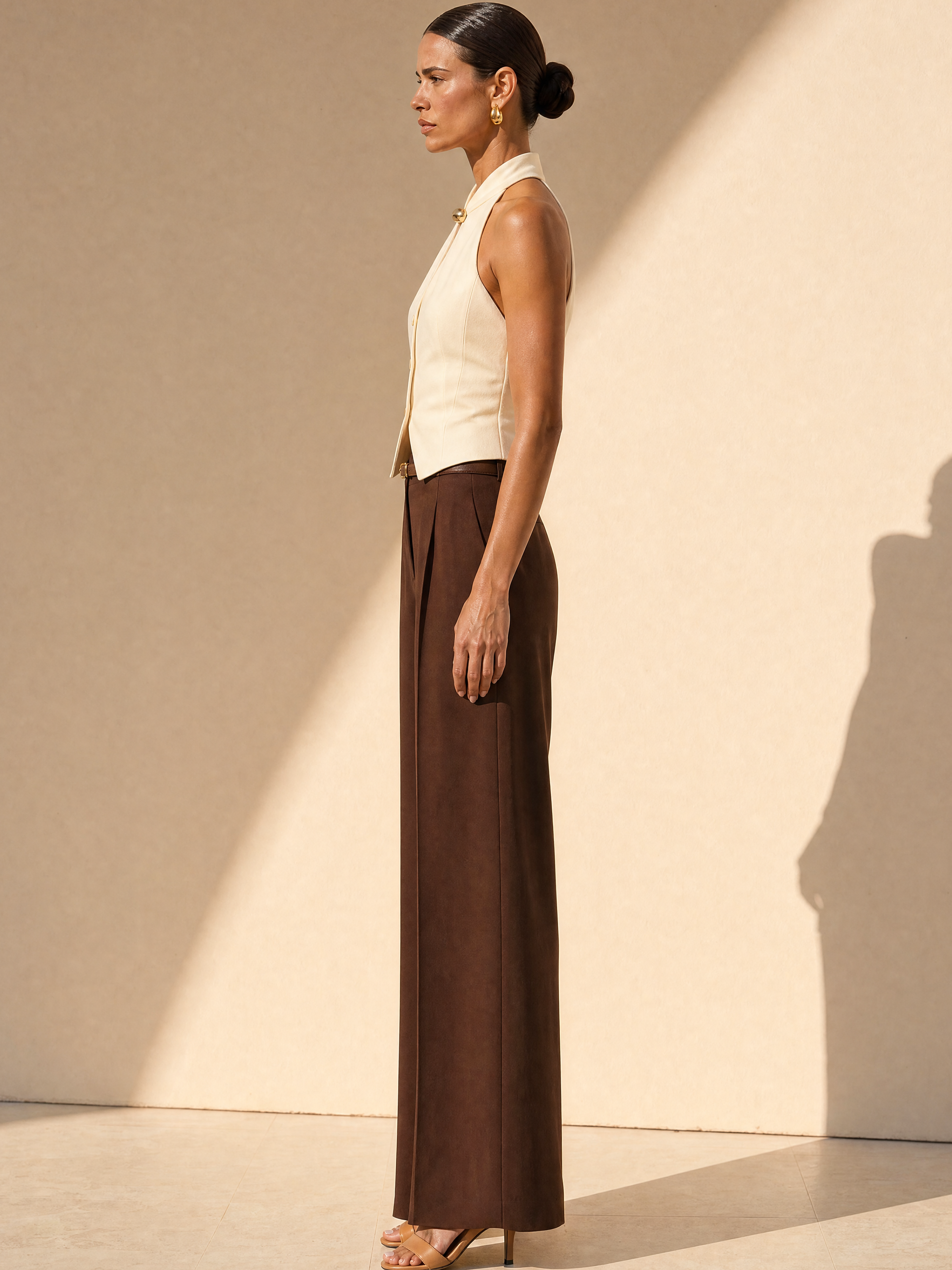 Off-White Sleeveless Cropped Halter Vest Draped Dark Brown Pant Set