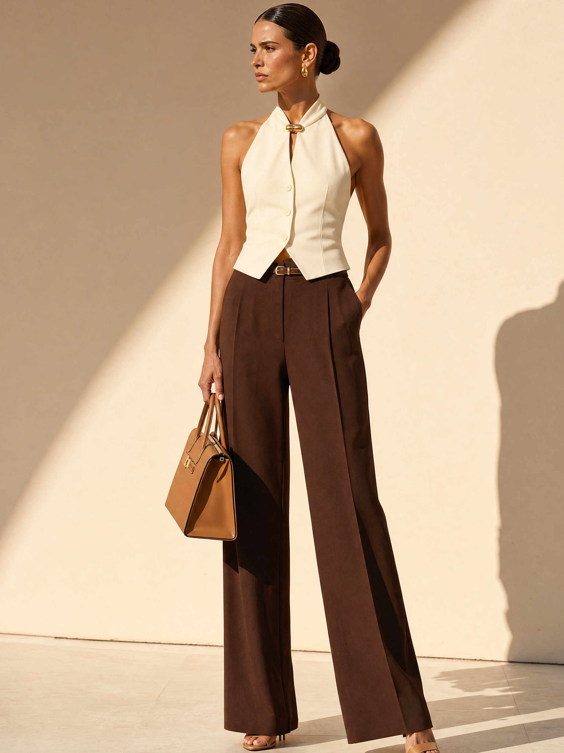 Off-White Sleeveless Cropped Halter Vest Draped Dark Brown Pant Set
