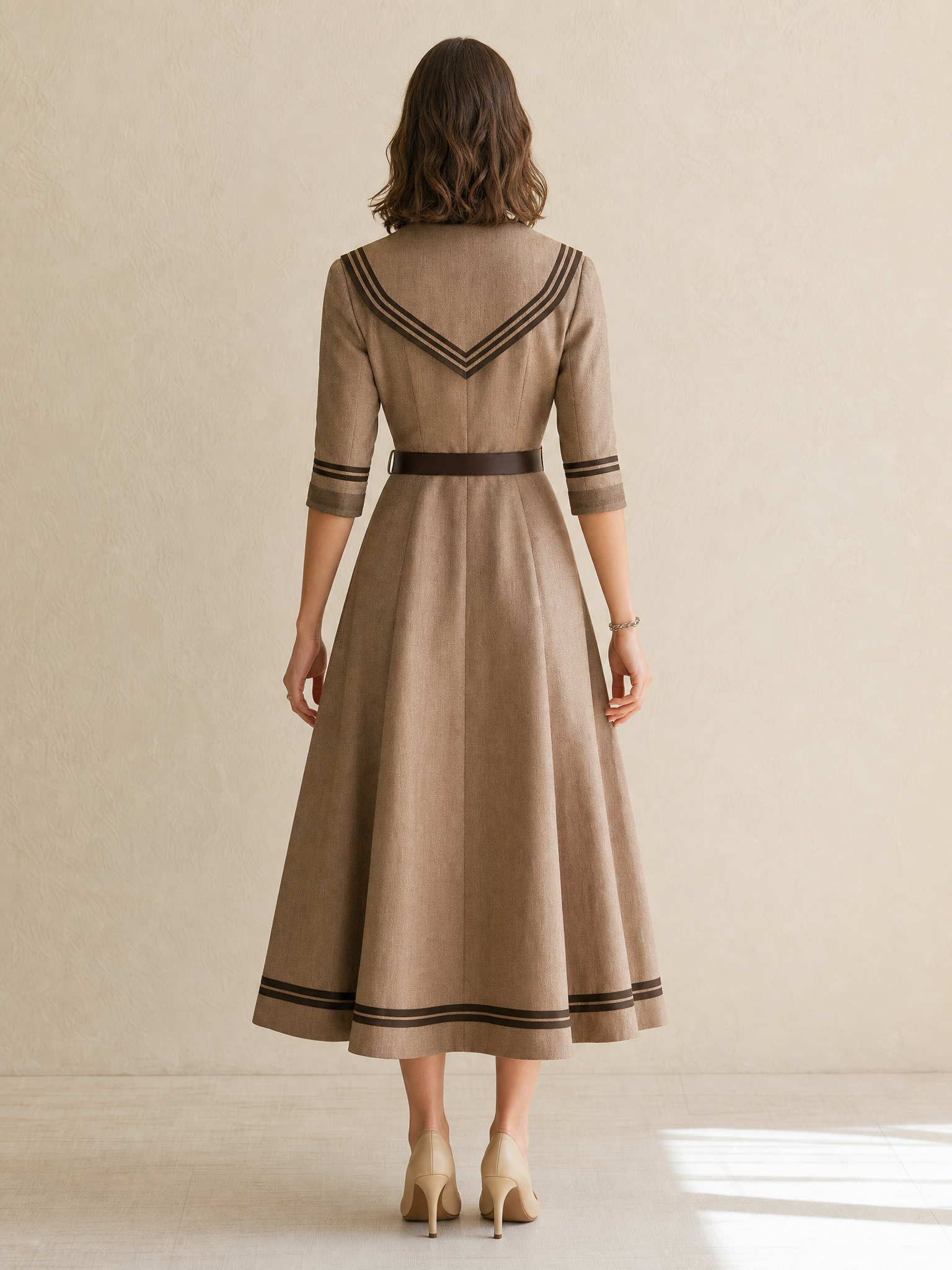 Elegant Linen Maxi Dress With Brown Piping