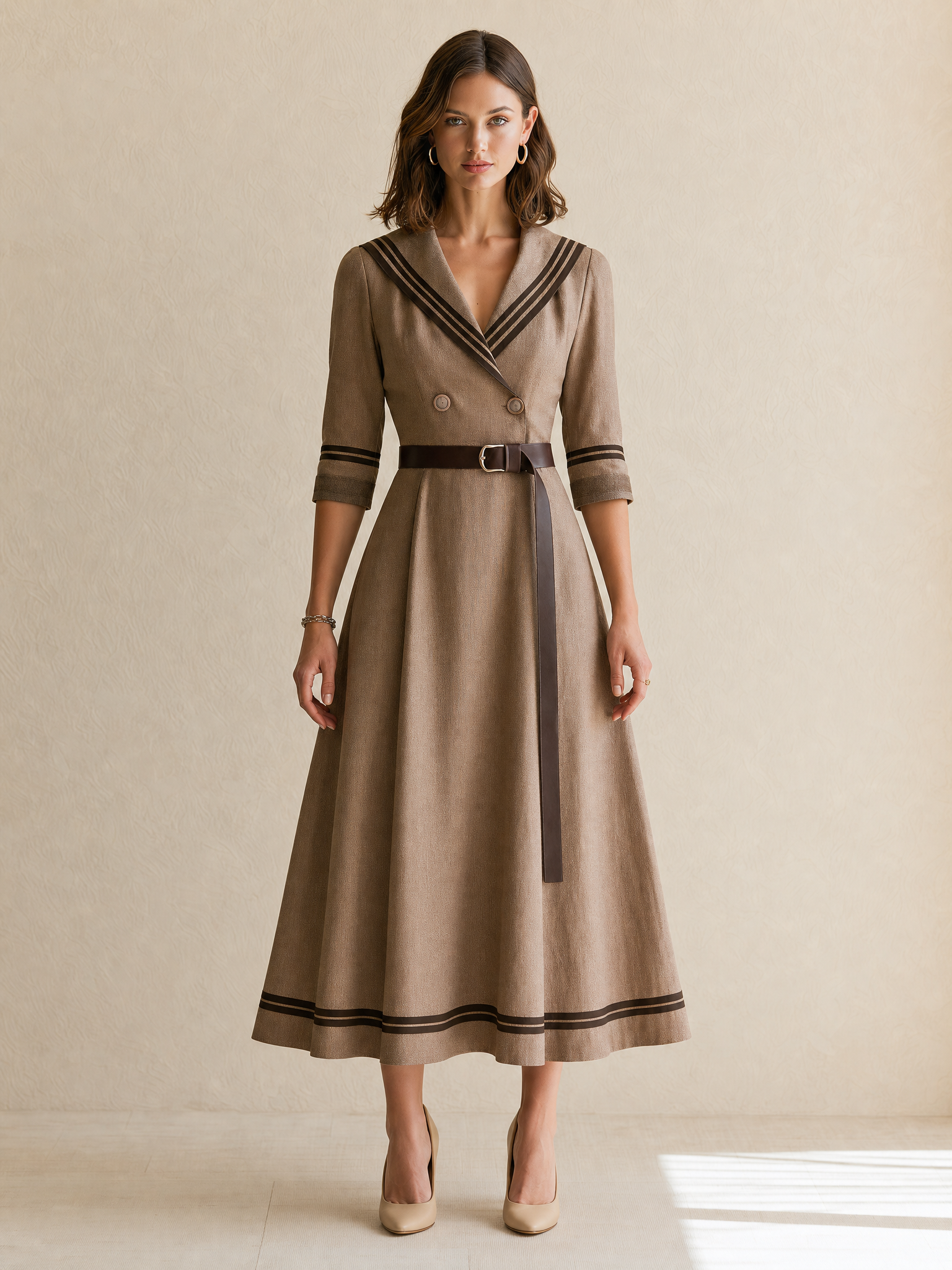 Elegant Linen Maxi Dress With Brown Piping