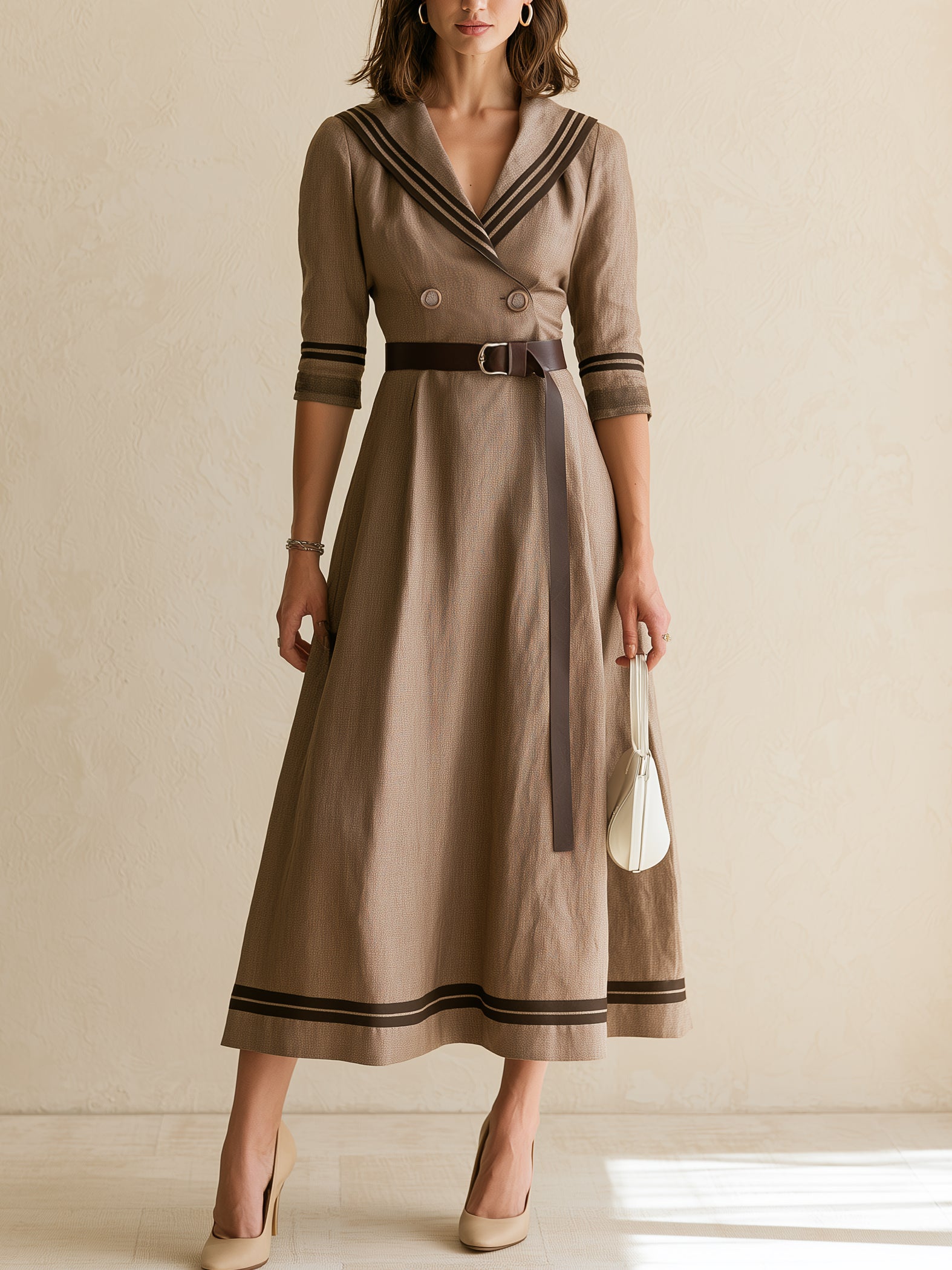 Elegant Linen Maxi Dress With Brown Piping