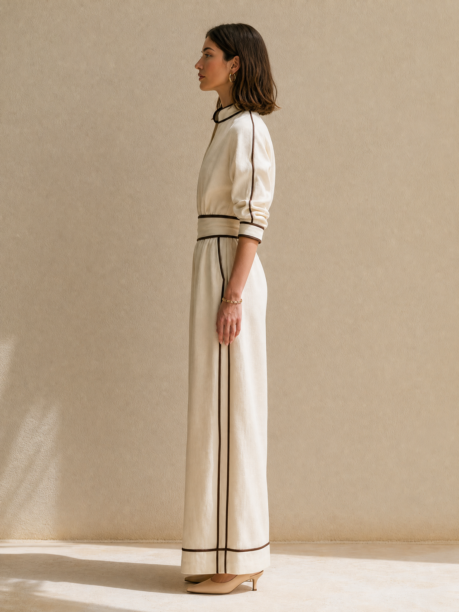 White Linen Set With Black Piping