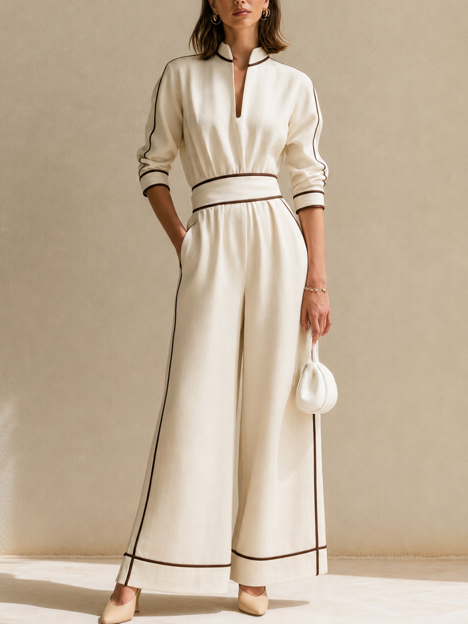 White Linen Set With Black Piping