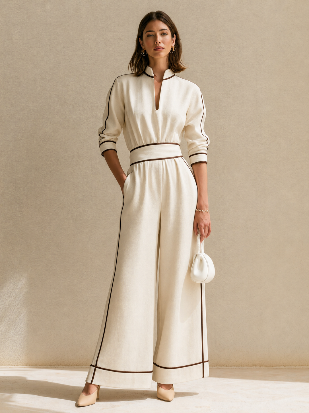 White Linen Set With Black Piping