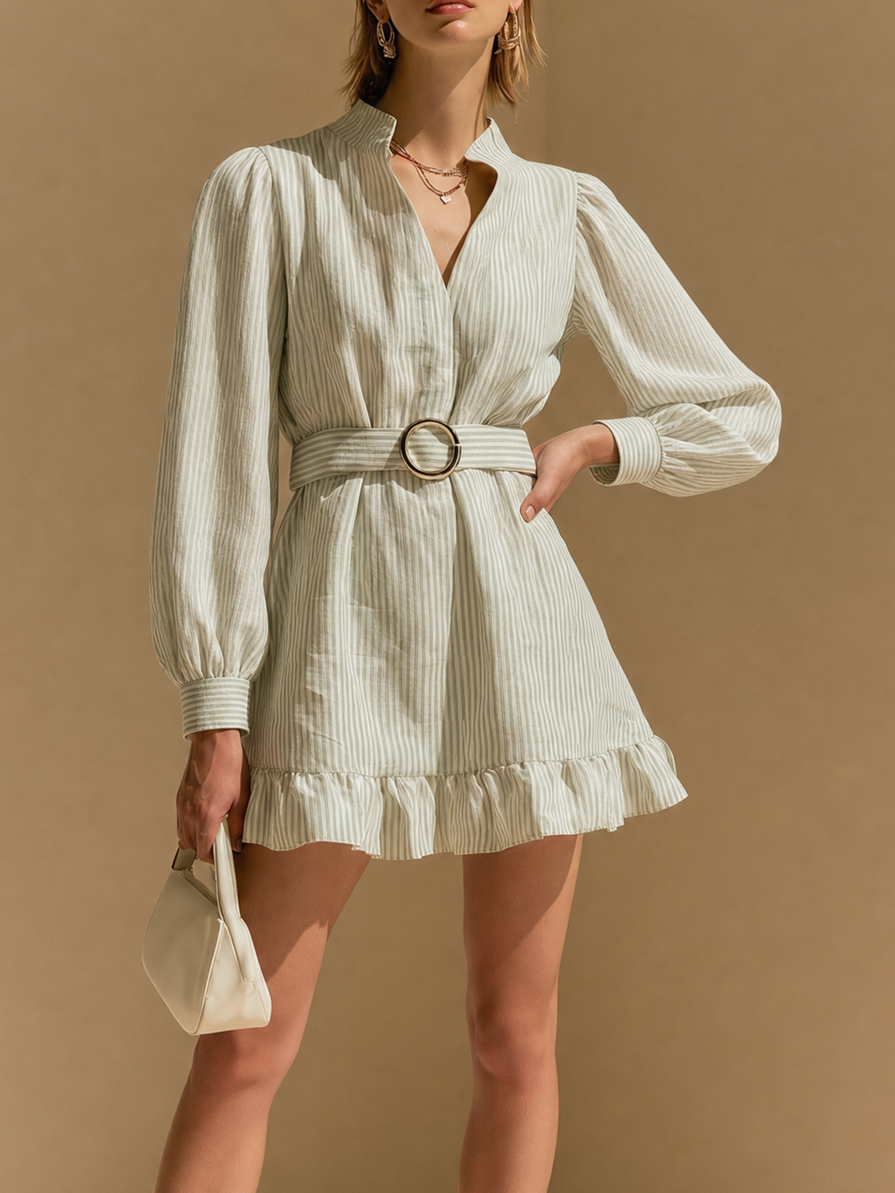 Elegant Sage Green Stripe Long Sleeve Mini Dress