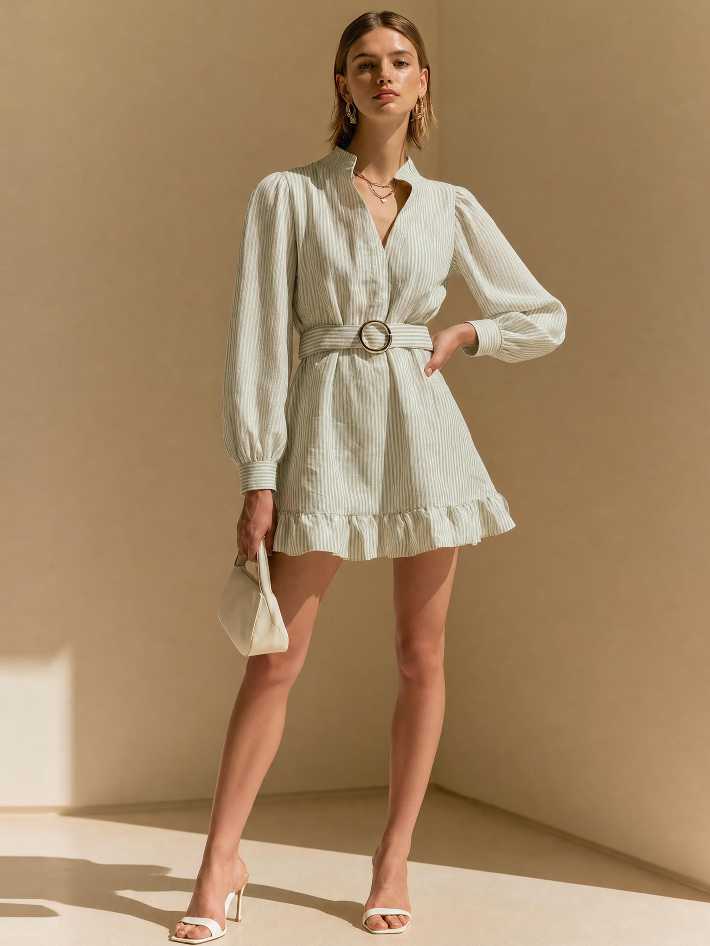 Elegant Sage Green Stripe Long Sleeve Mini Dress