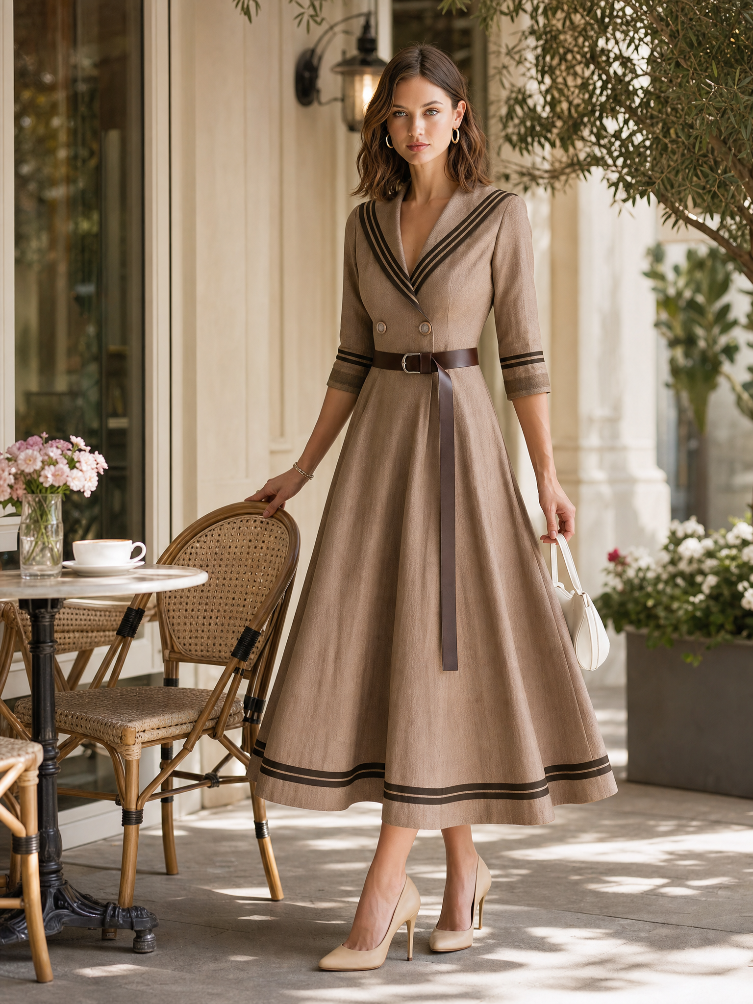 Elegant Linen Maxi Dress With Brown Piping