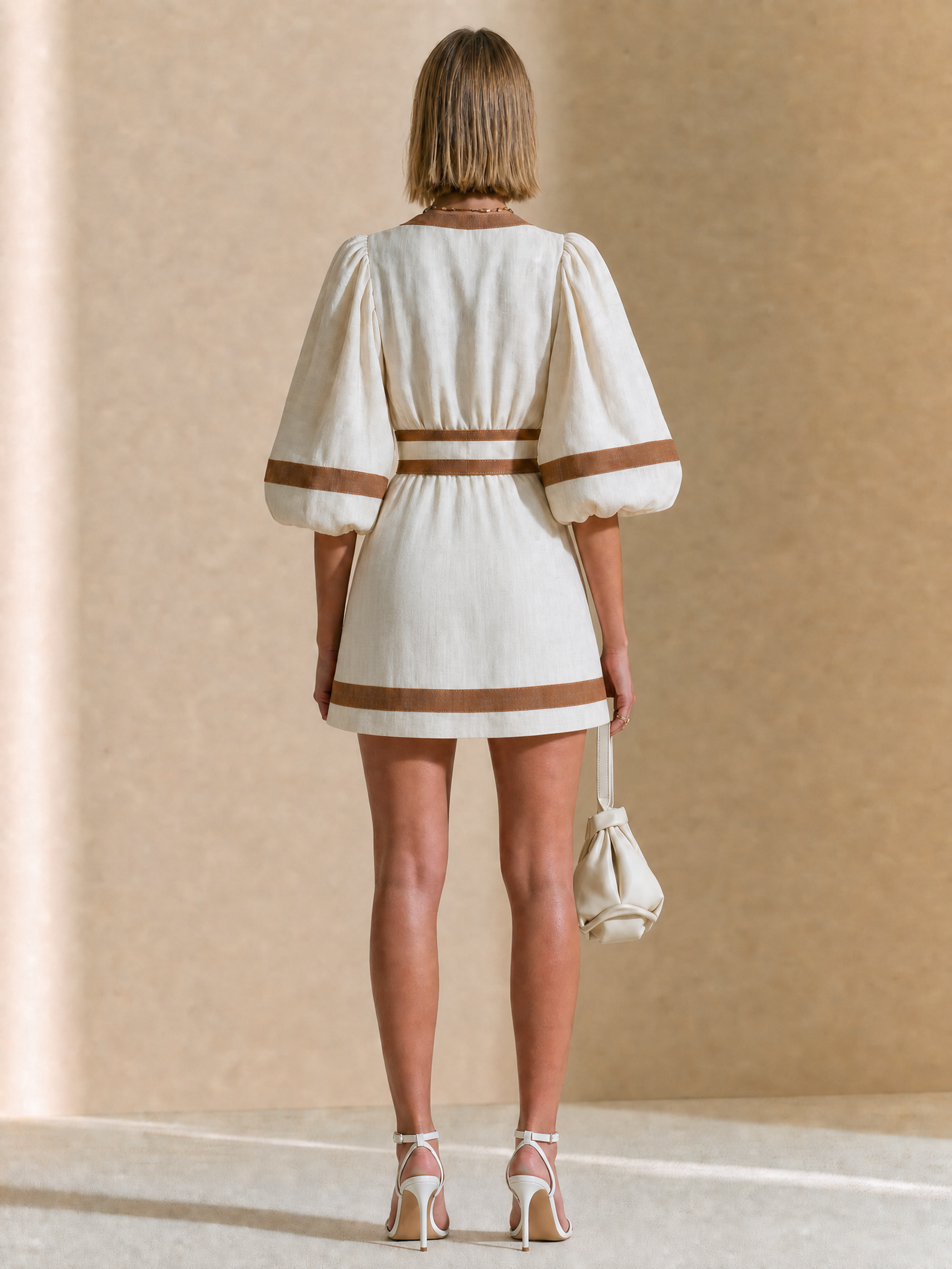 Elegant White And Brown Contrast Linen Blend Mini Dress