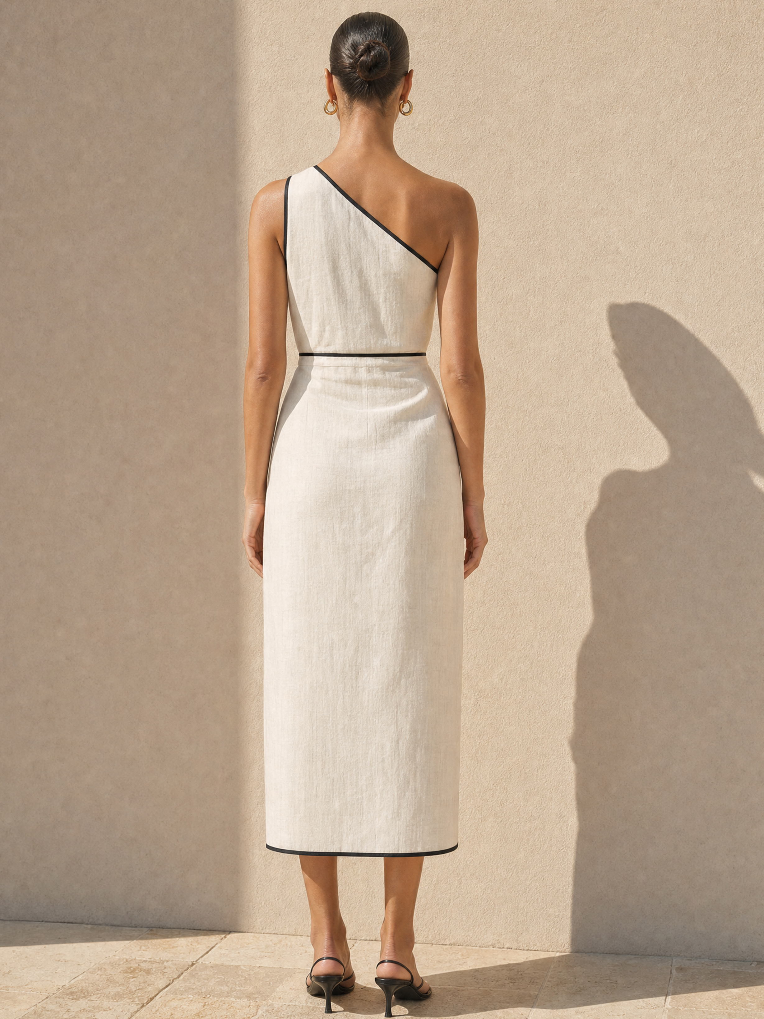 Elegant White Linen Blend One-Shoulder Contrast Trim Midi Dress