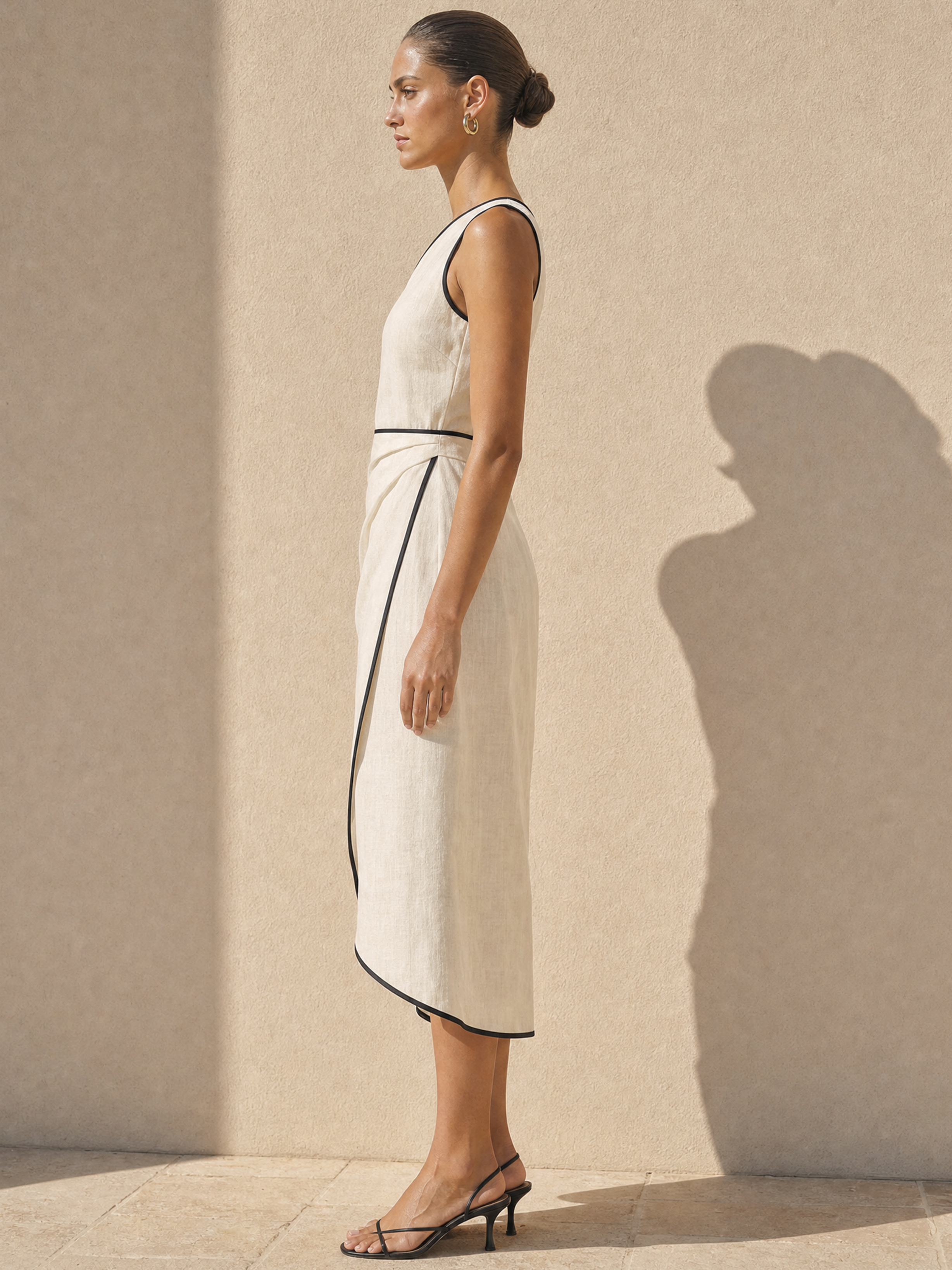 Elegant White Linen Blend One-Shoulder Contrast Trim Midi Dress