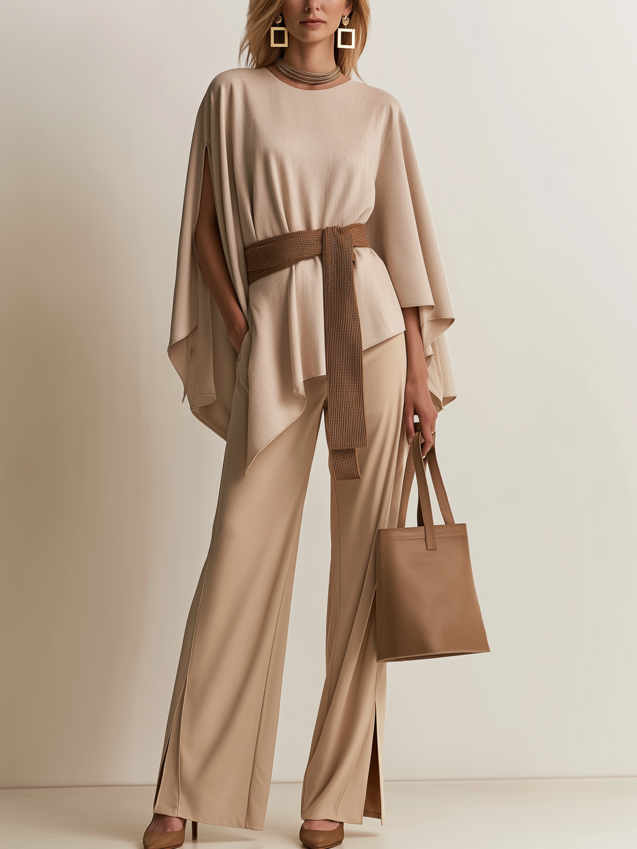 Cape Sleeve Knit Top with Belted Wide Leg Pants Set