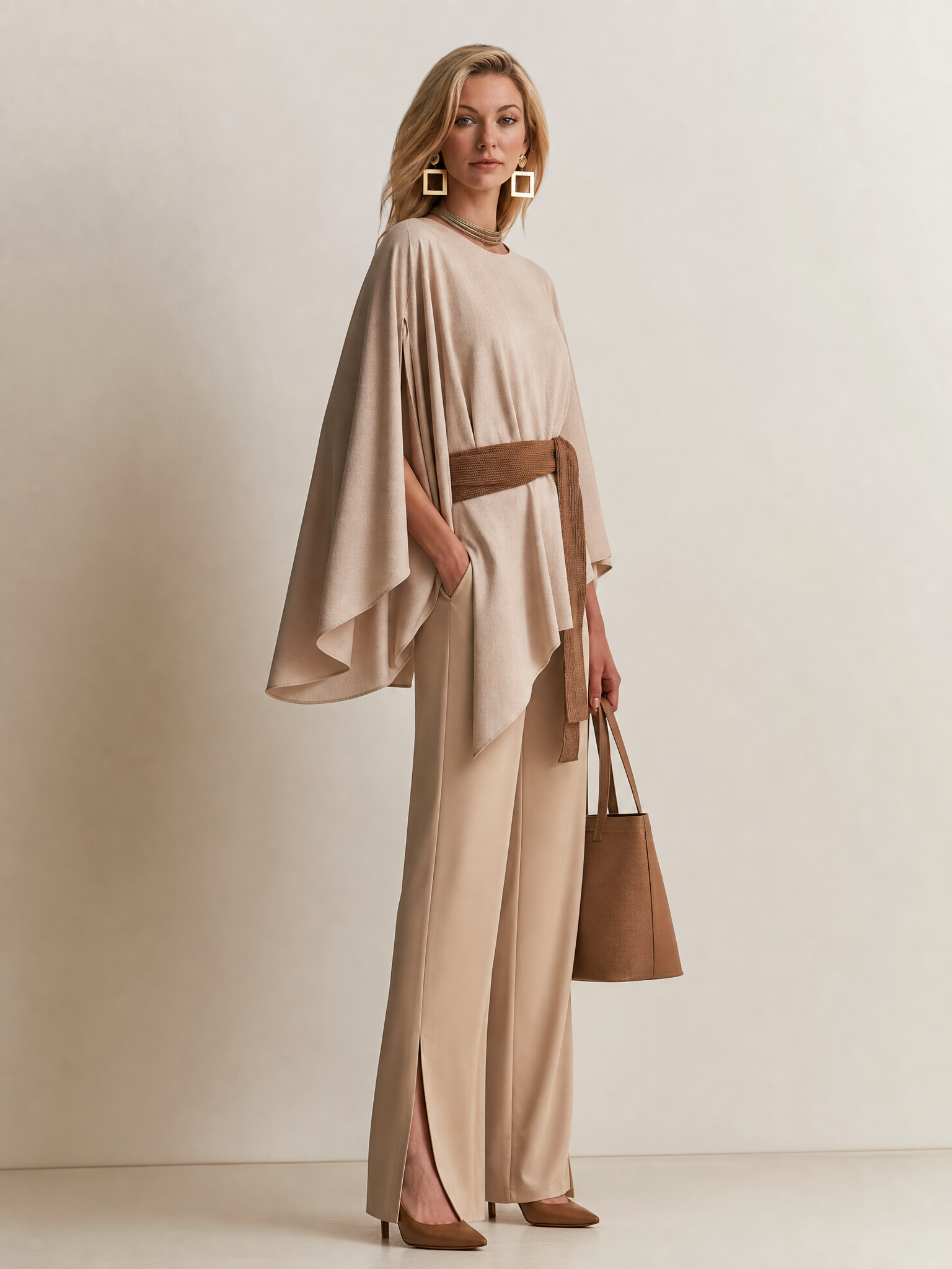 Cape Sleeve Knit Top with Belted Wide Leg Pants Set