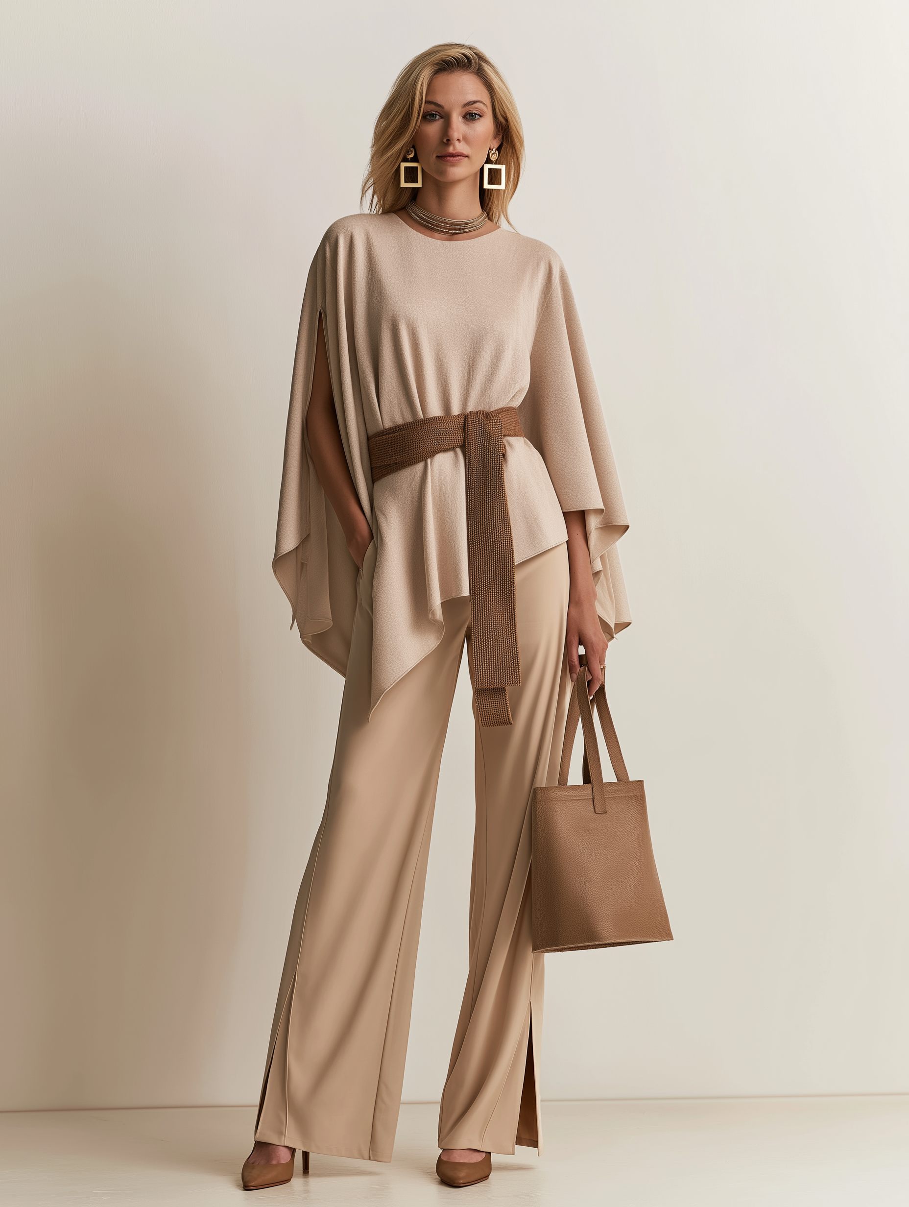 Cape Sleeve Knit Top with Belted Wide Leg Pants Set