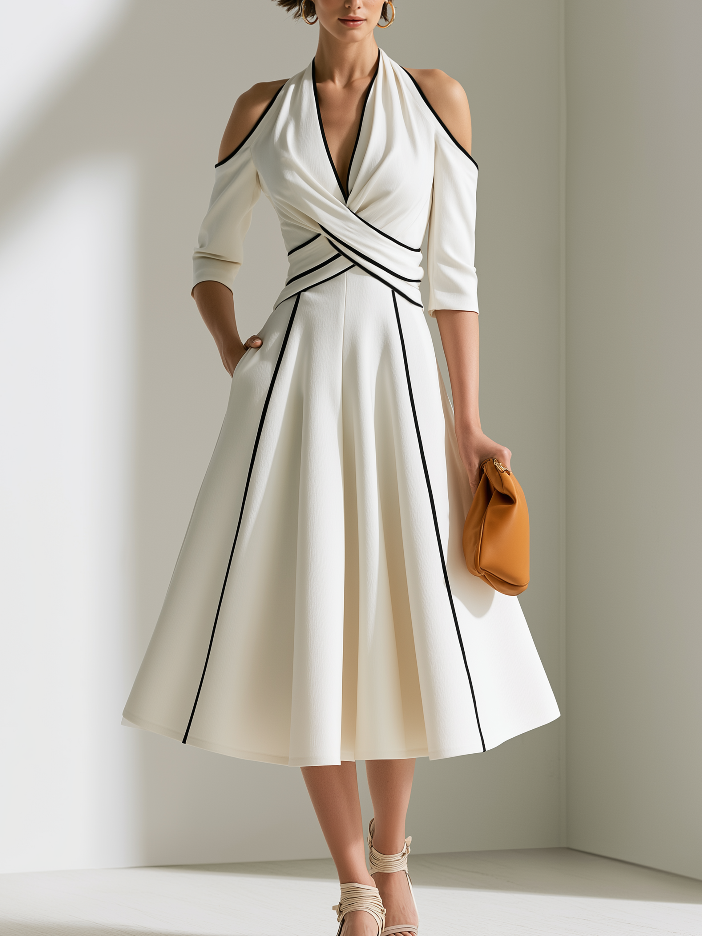 Black White Contrast Halter Off Shoulder Dress