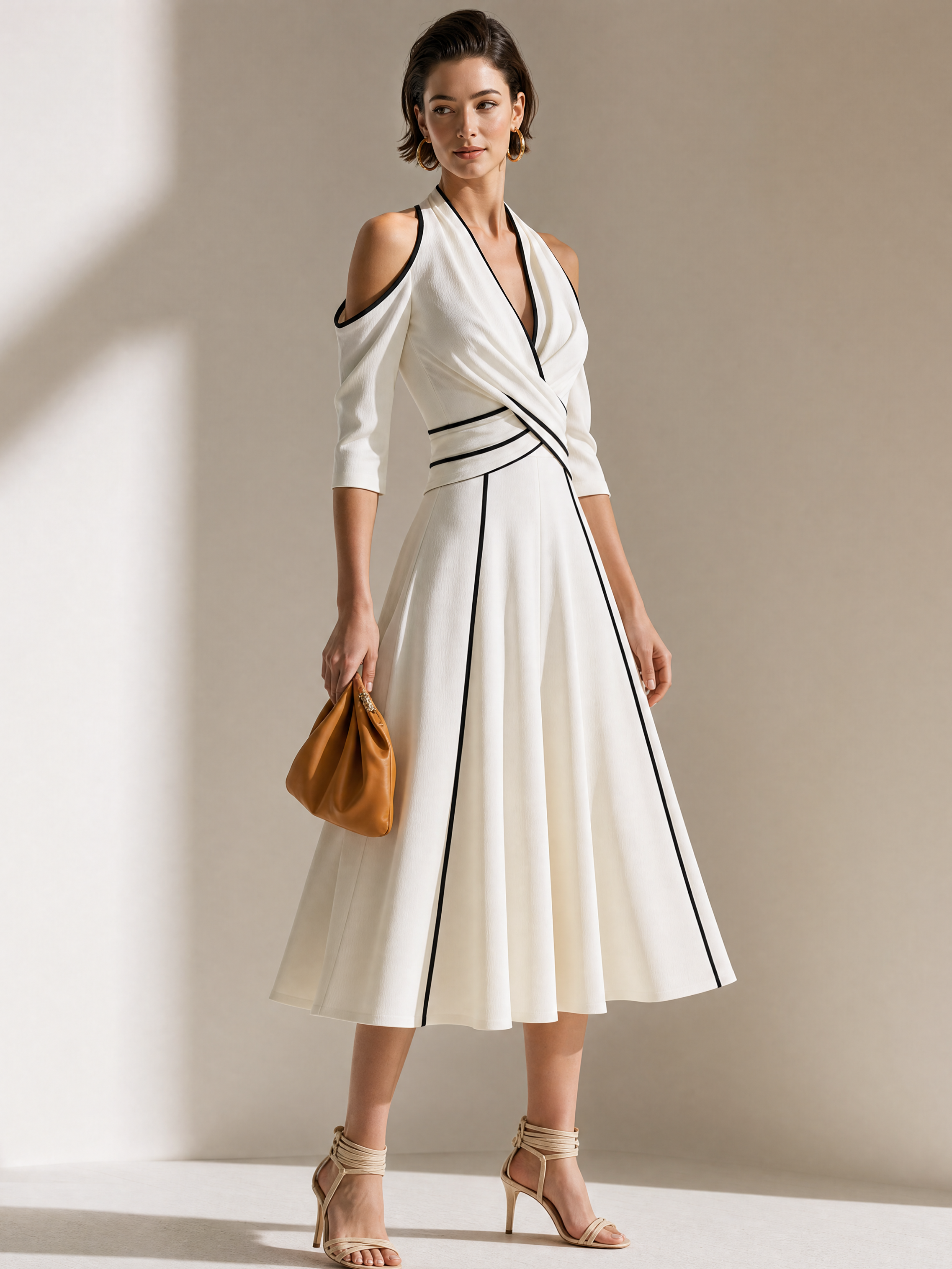 Black White Contrast Halter Off Shoulder Dress