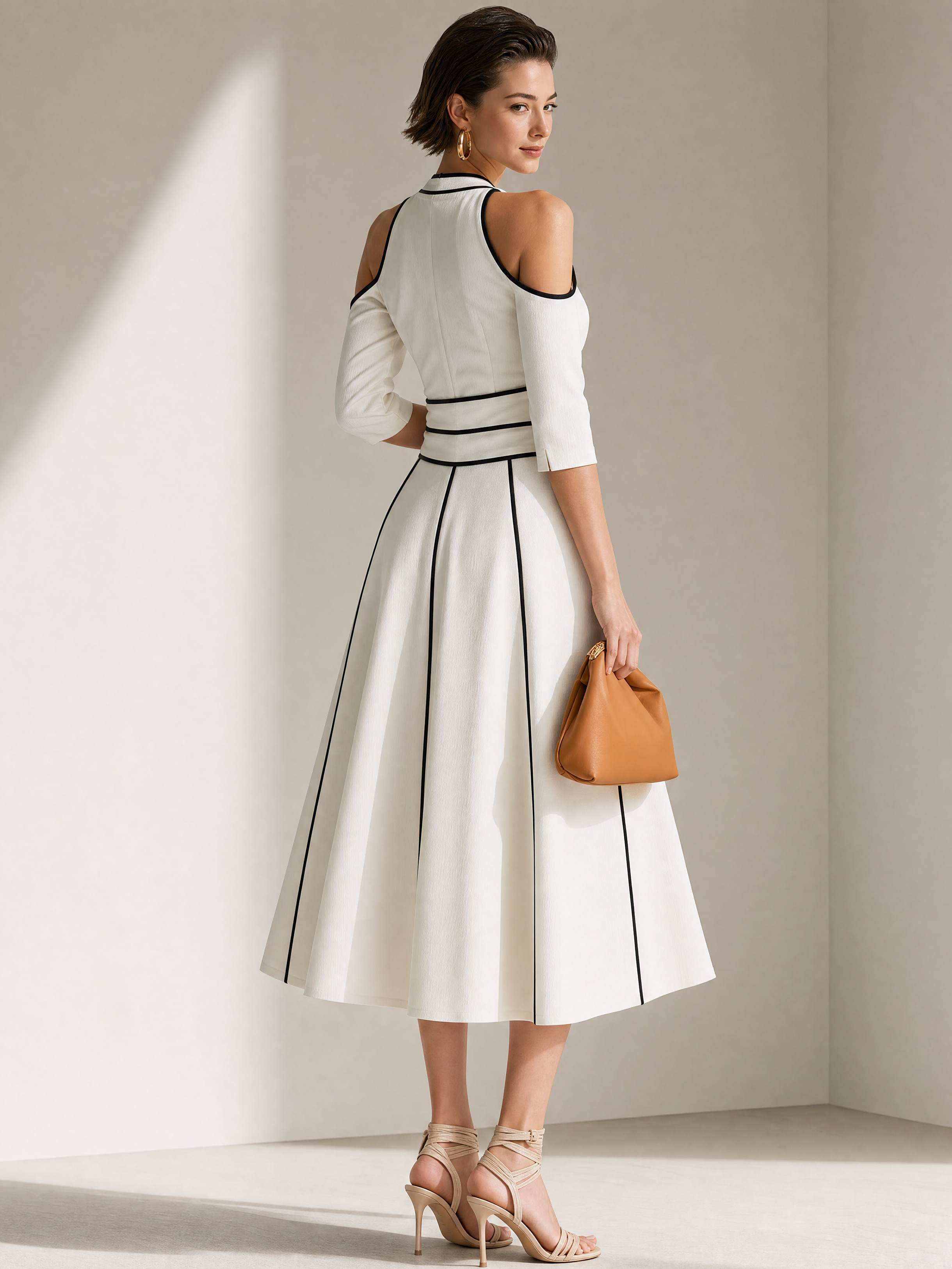 Black White Contrast Halter Off Shoulder Dress