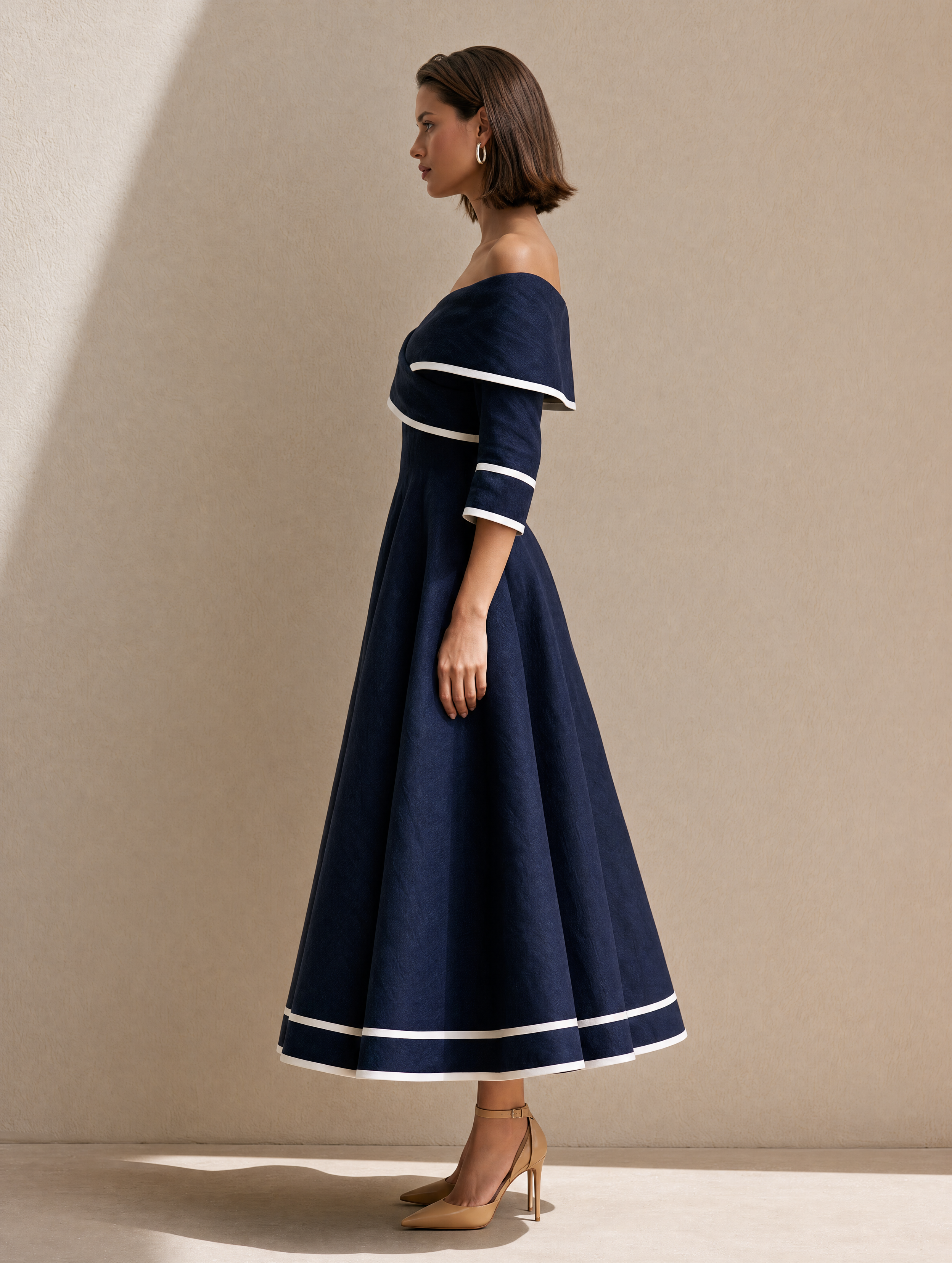 Blue Linen Off-the-shoulder Maxi Dress With Piped Trim
