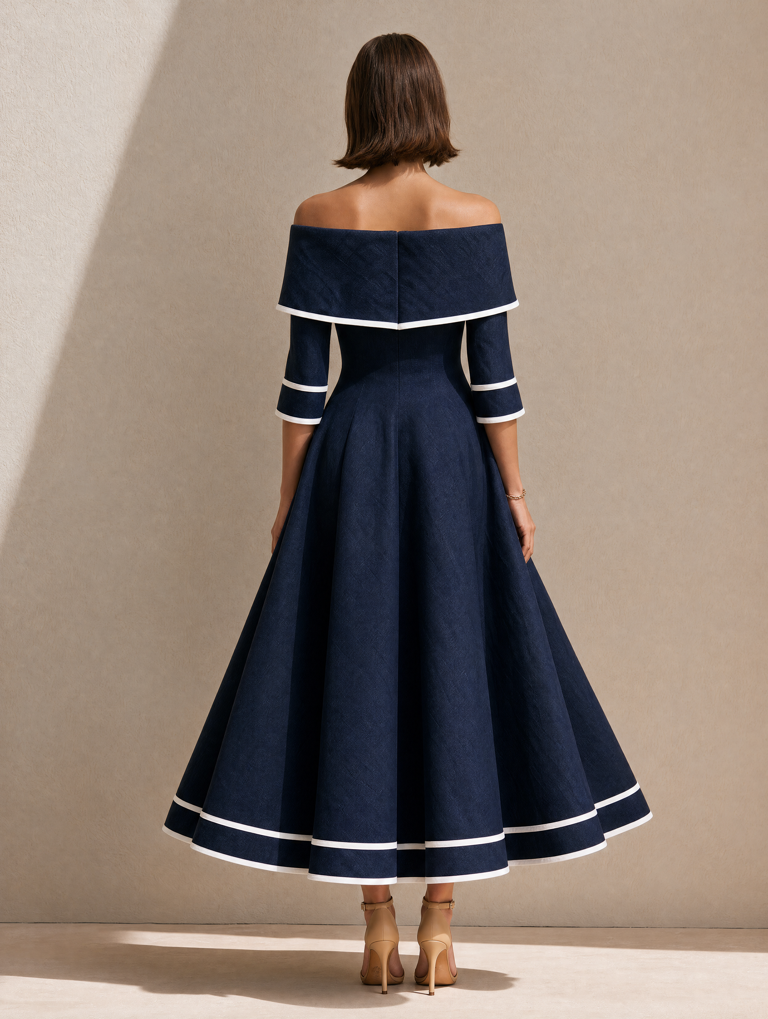 Blue Linen Off-the-shoulder Maxi Dress With Piped Trim