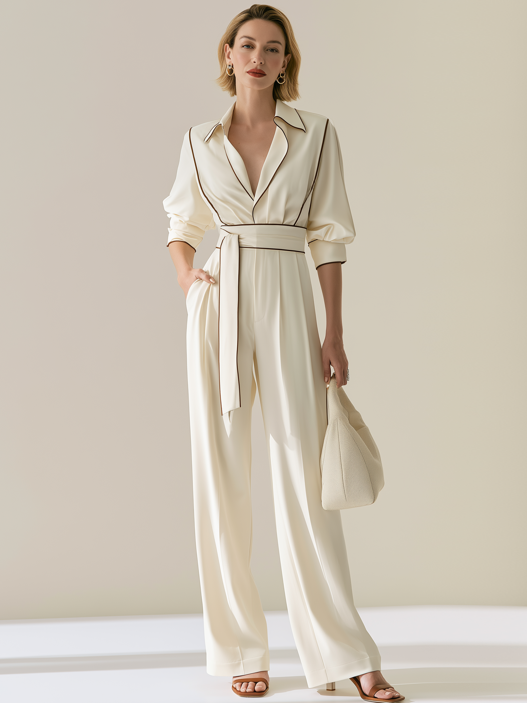 Cream Brown Piped Collar Tie Waist Wide Leg Pant Two-Piece Set
