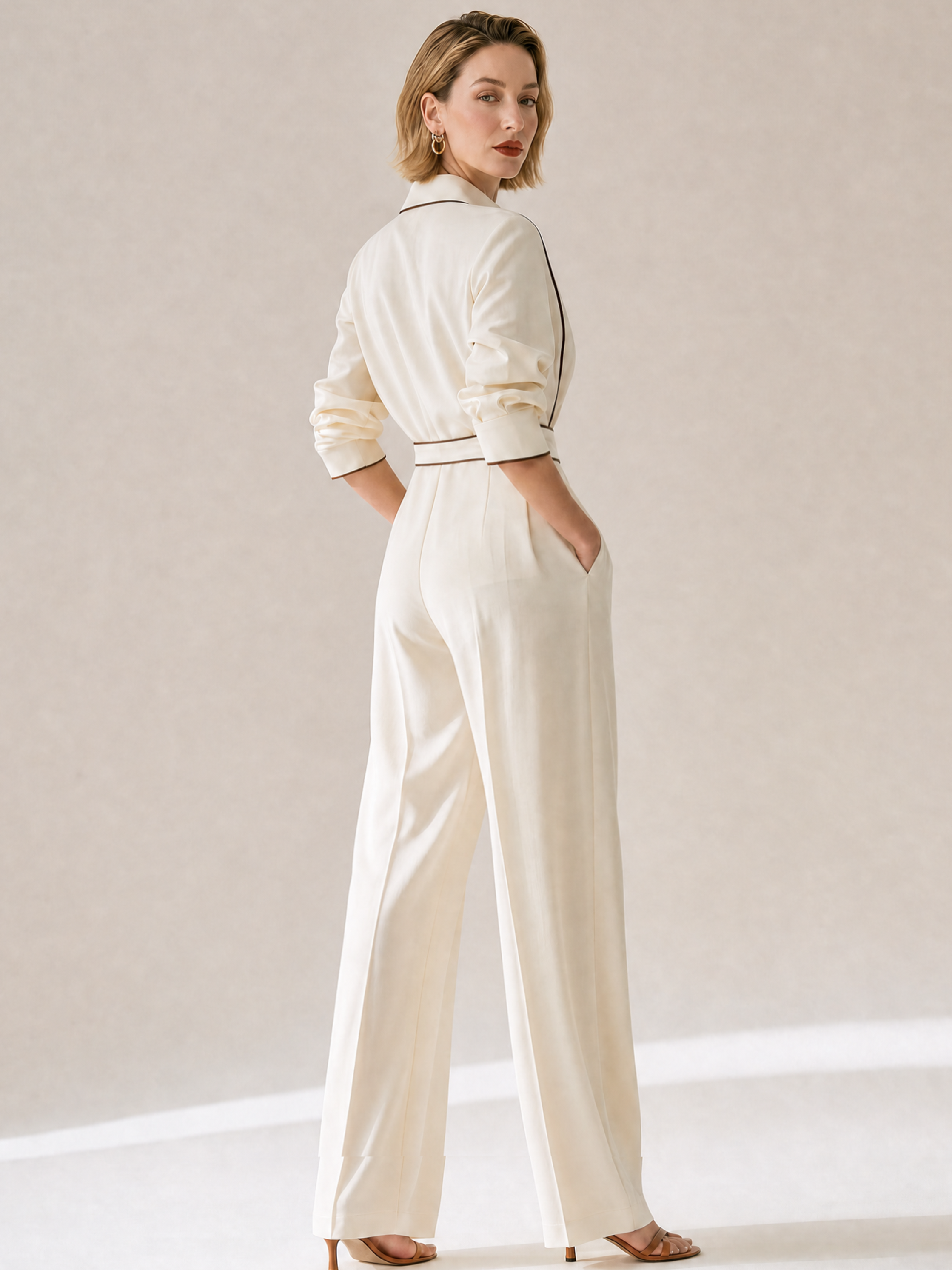 Cream Brown Piped Collar Tie Waist Wide Leg Pant Two-Piece Set