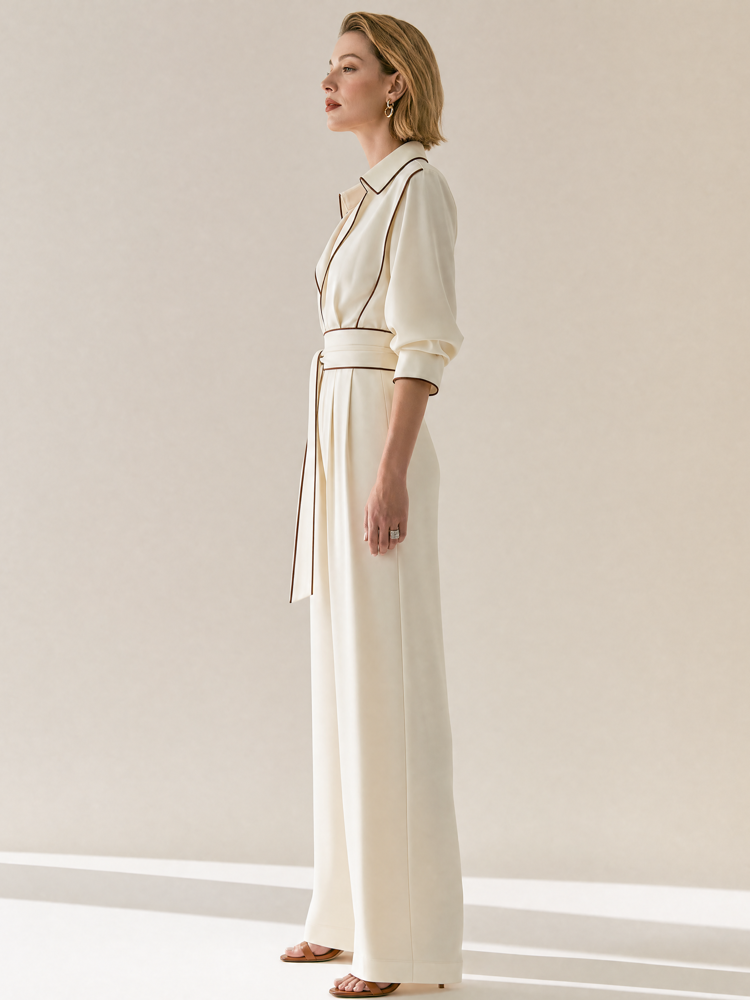 Cream Brown Piped Collar Tie Waist Wide Leg Pant Two-Piece Set