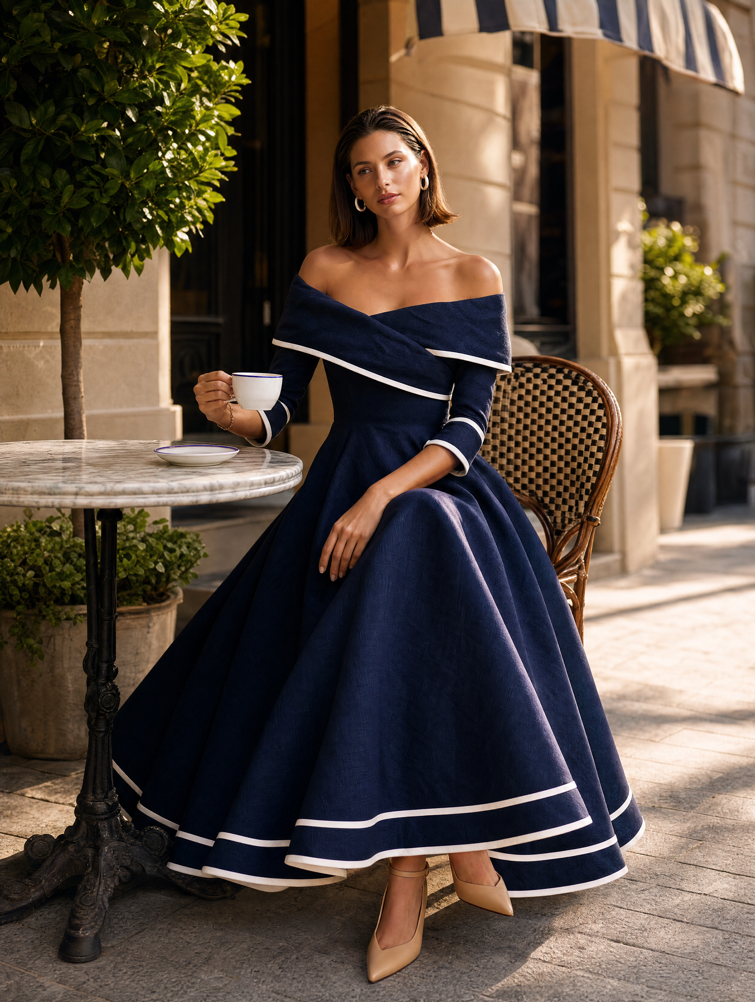 Blue Linen Off-the-shoulder Maxi Dress With Piped Trim