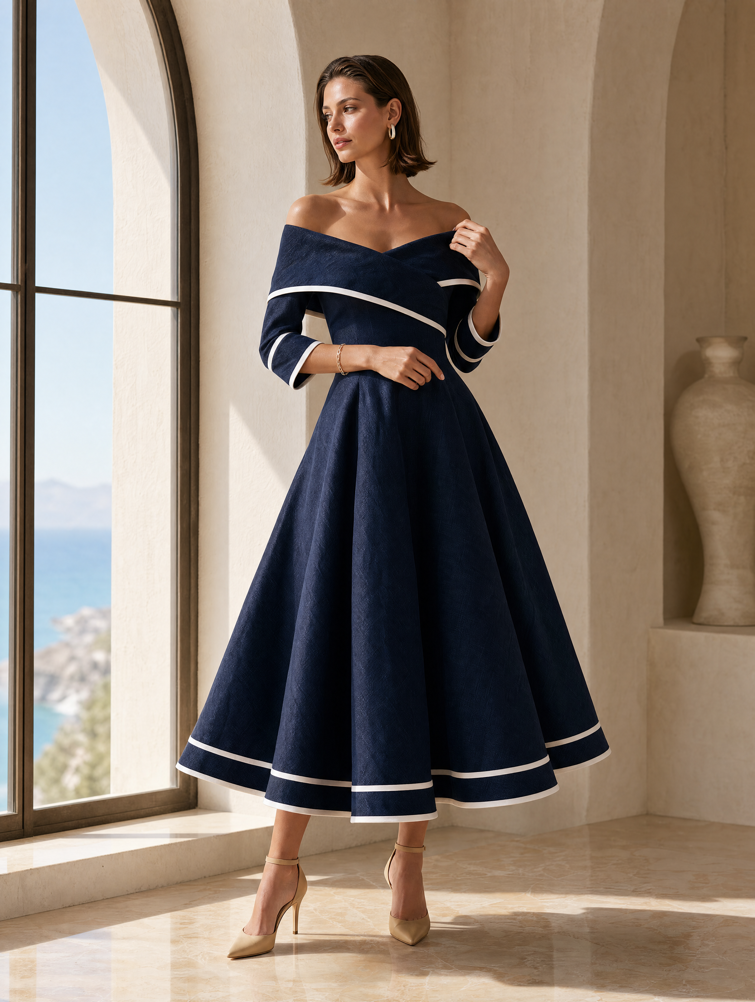 Blue Linen Off-the-shoulder Maxi Dress With Piped Trim