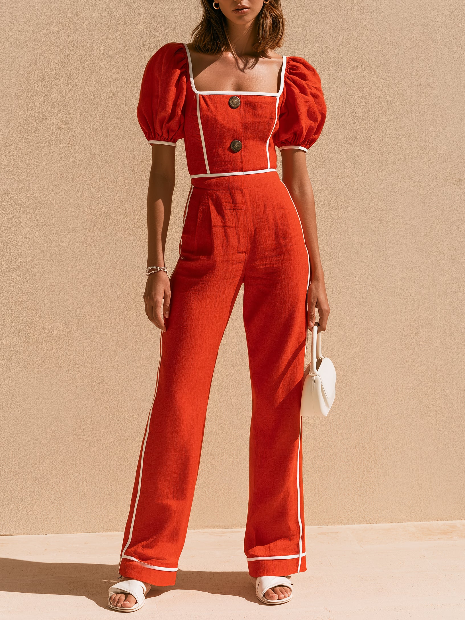 Red Linen Puff-sleeve  jumpsuit With White Piping.